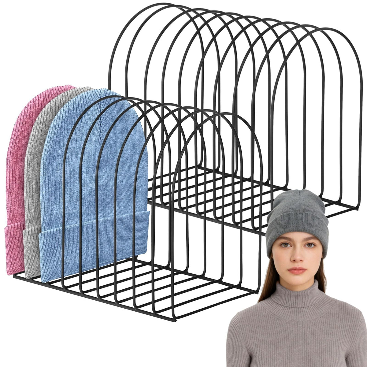 OMISTAR 2 Pcs Hat Storage Racks, 10.2 in Sturdy Beanie Holder Organizer for Desktop, Iron Knitted Hat Storage Rack, Winter Swimm