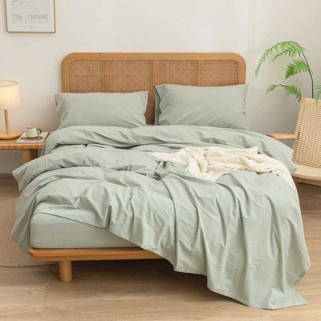 Bestouch Sheet Set 100% Washed Cotton Linen Feel Super Soft Comfortable Chic Lightweight 4 Pcs Home Bedding Set Solid Sage Green