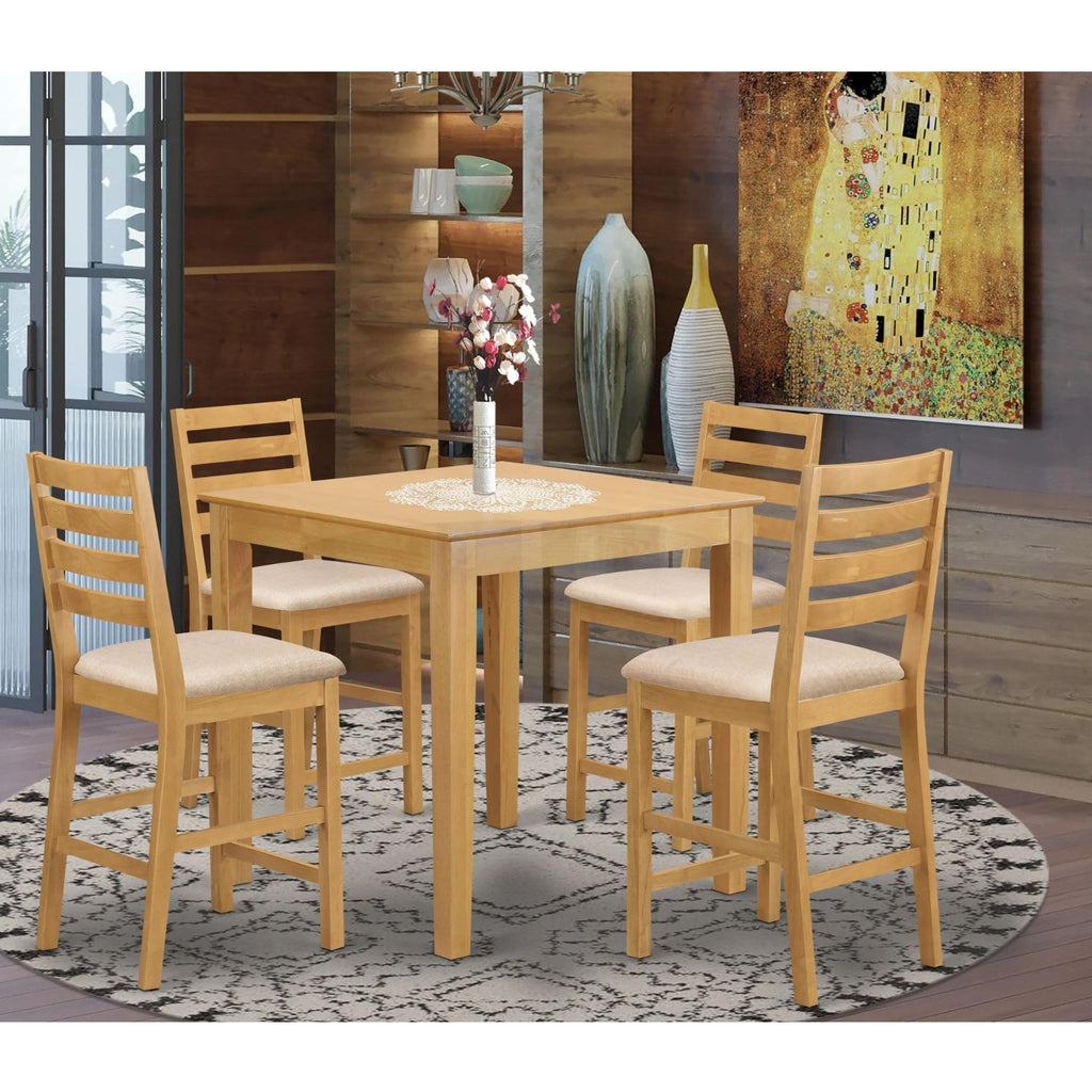 East West Furniture PBCF5-OAK-C 5 Piece Kitchen Counter Height Dining Table Set Includes a Square Pub Table and 4 Linen Fabric Upholstered Chairs, 36x36 Inch, Oak