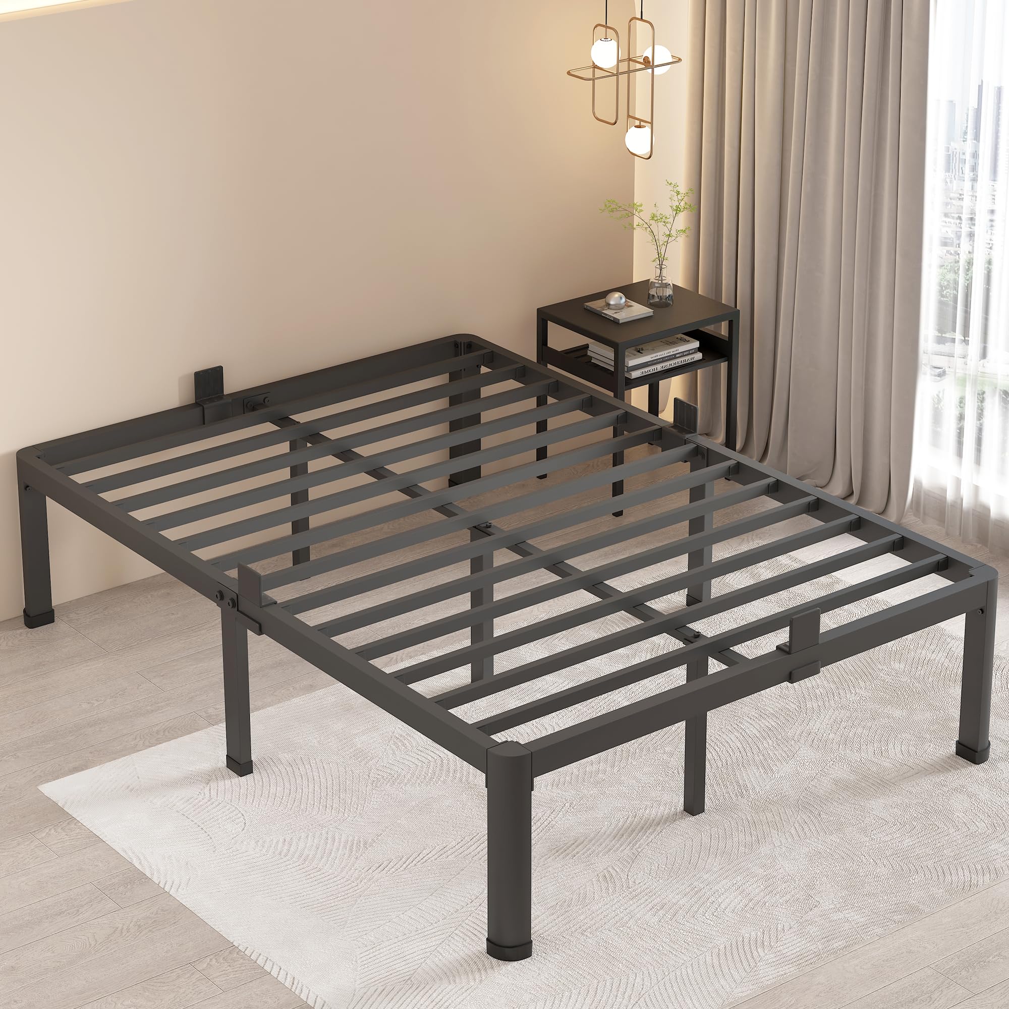 Maf 16 Inch Queen Bed Frames With Round Corner Legs Mattress Slide Stopper No Box Spring Needed Heavy Duty Metal Platform Bed Frame Under-Bed Storage Space, 3000 Lbs Steel Slats Support