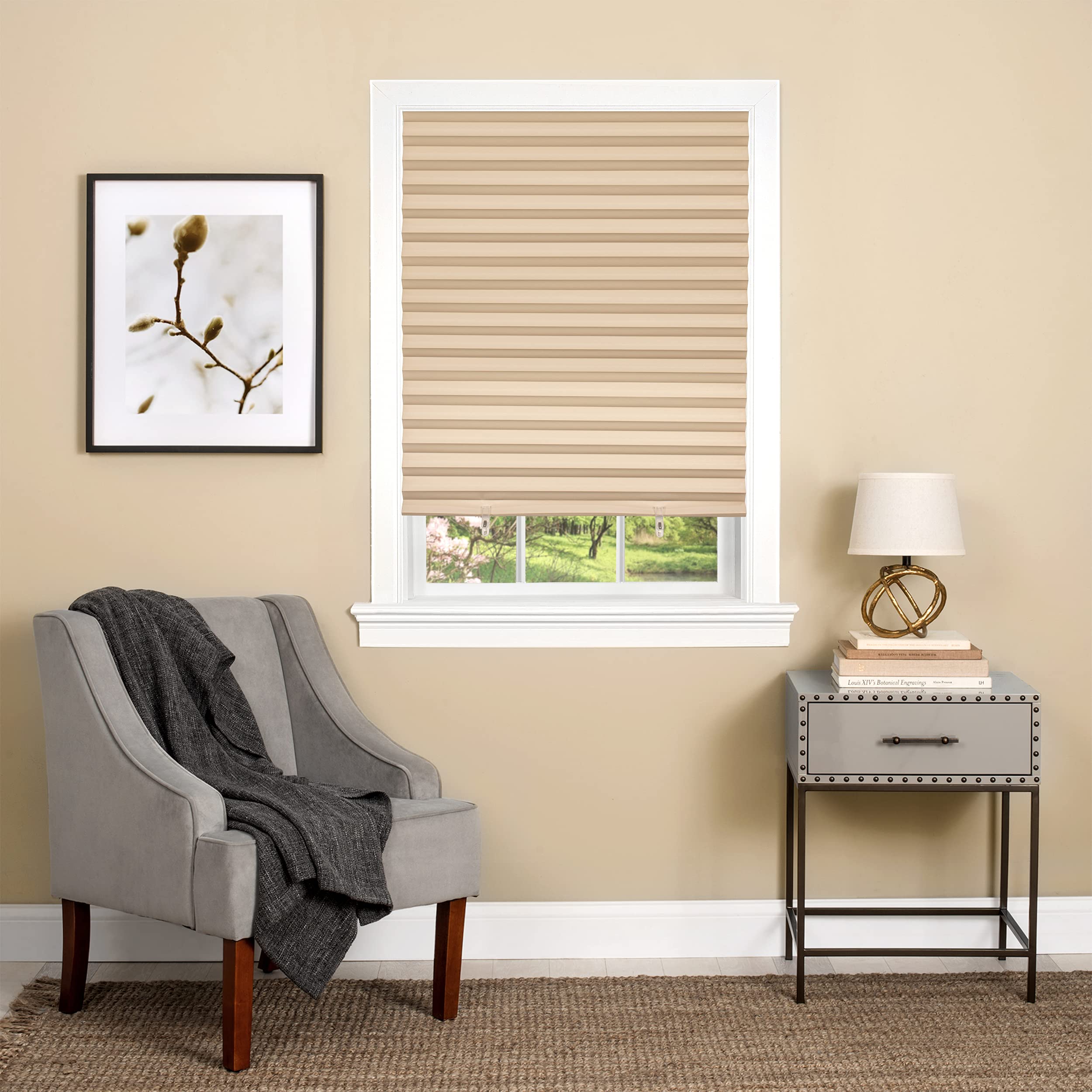 Cordless Room Darkening Temporary Pleated Vinyl Window Shades - 36 Inch Width, 75 Inch Length - Latte - 1-2-3 Peel N Stick - Li
