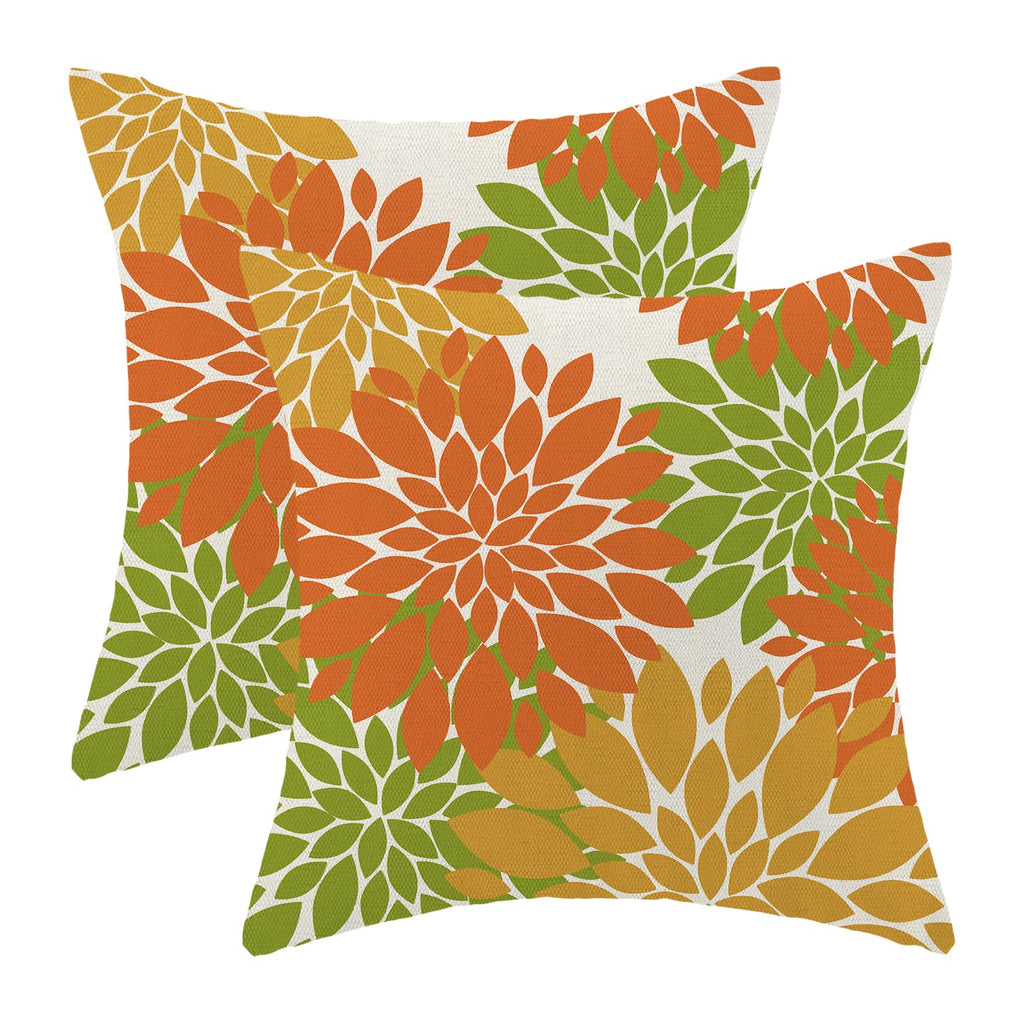 Fall Burnt Orange Outdoor Pillow Covers 18x18 Inch Set of 2 Mustard Yellow Green Dahlia Floral Decor Throw Pillows Modern Geomet