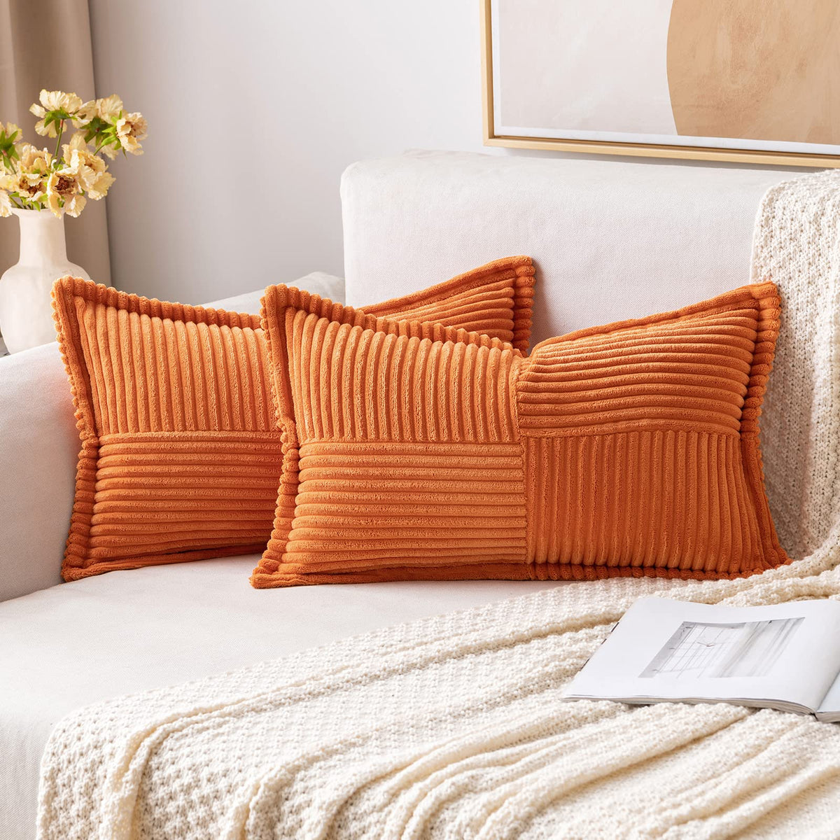 Miulee Orange Pillow Covers 12X20 Inch With Splicing Set Of 2 Super Soft Boho Striped Corduroy Pillow Covers Broadside Decorativ