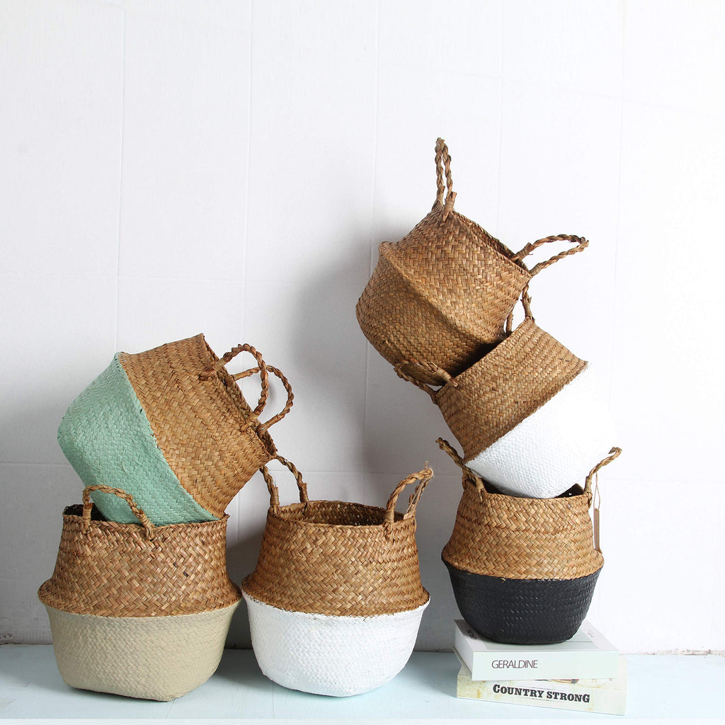 Bluemake Woven Seagrass Belly Basket For Storage, Laundry, Picnic, Plant Pot Cover, And Grocery And Toy Storage (Medium, Black)