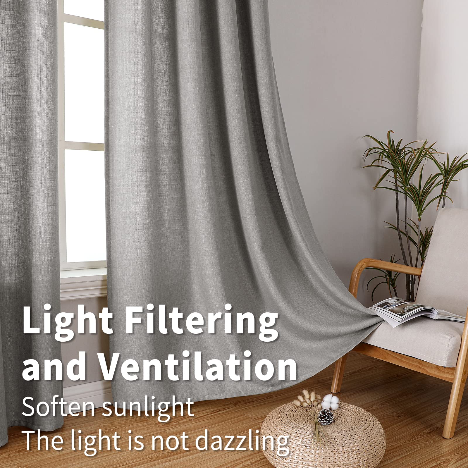 Bgment Natural Faux Linen Curtains For Bedroom, Grommet Thick Linen Semi Sheer Drapes Light Filtering Privacy Window Treatments Curtains For Living Room, Set Of 2 Panels, 52 X 95 Inch, Grey
