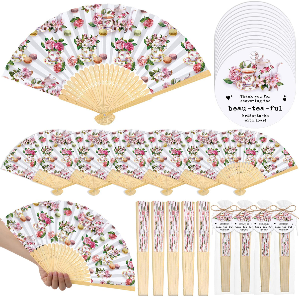 CroBlissful 25 Sets Tea Party Bridal Shower Favor Bamboo Hand Fan Teapot
