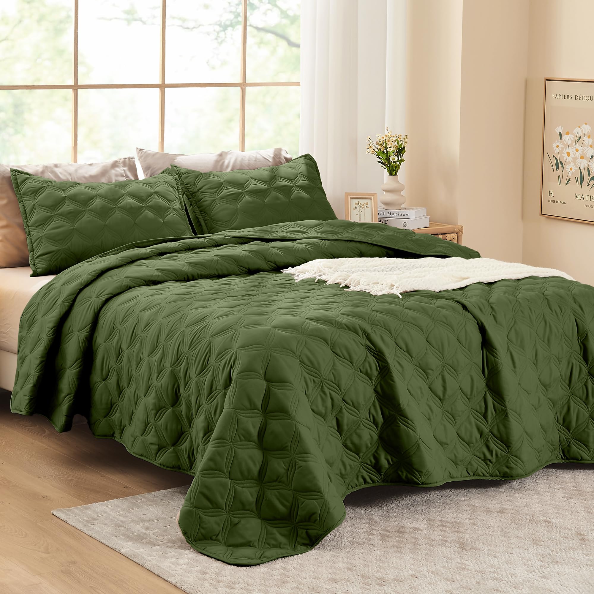 Litanika King Size Quilt Bedding Set, Olive Green Summer Lightweight Soft Comforter Bedspreads & Coverlets, Boho Farmhouse Beddi