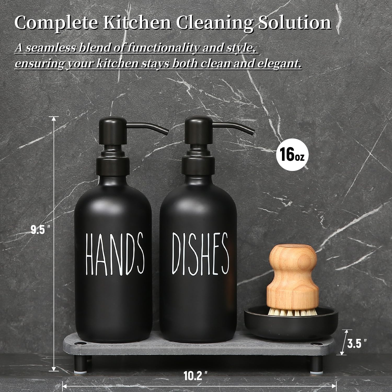 Momeemo Matte Black Soap Dispenser Set Comes With Stainless Steel Pumps, Instant Dry Tray, And Dish Scrub Brush, Suitable For Ma