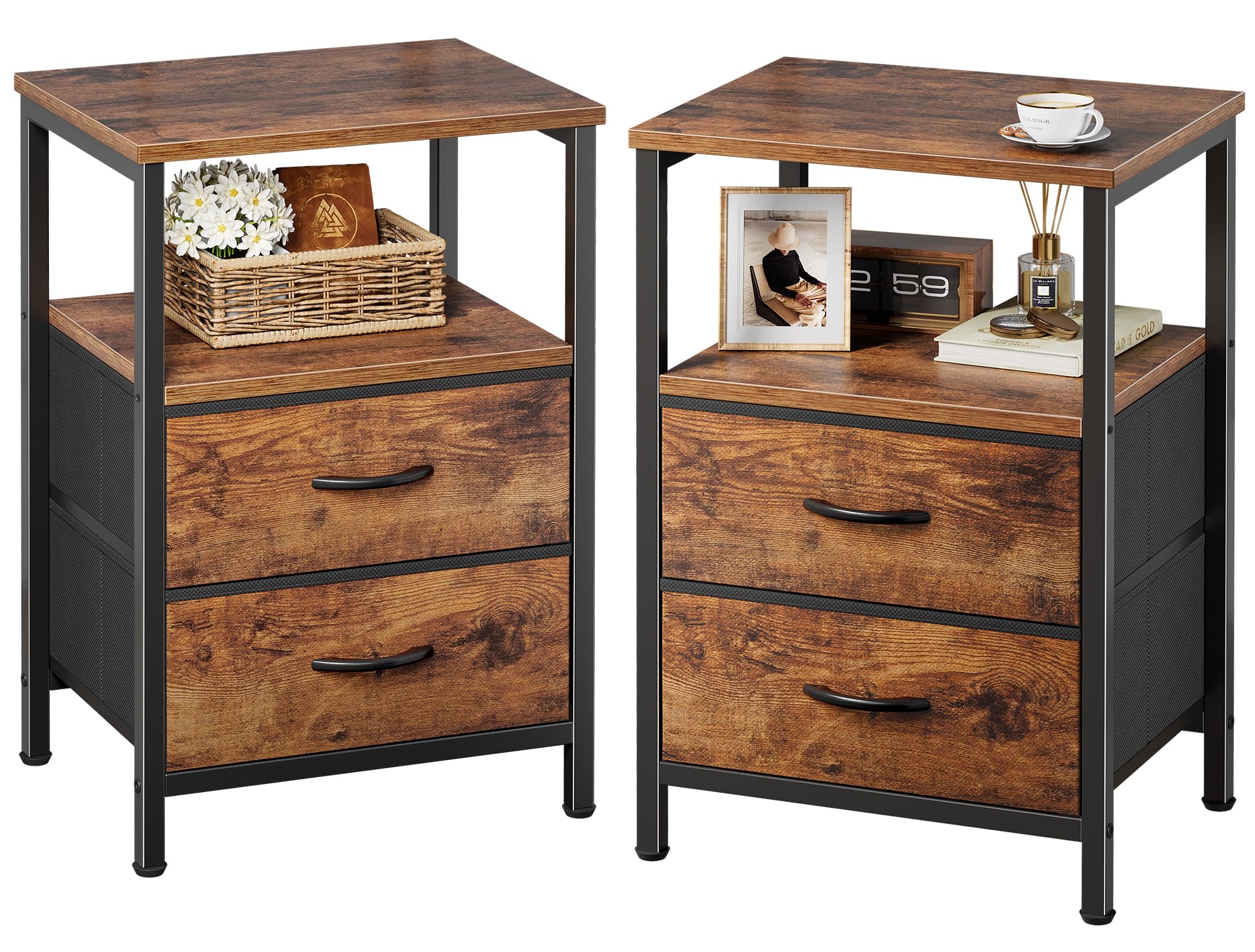 Huuger Night Stand Set of 2, Nightstand with 2 Drawers, Bed Side Table with Open Shelf, Wooden Top, End Table, Fabric Drawer, fo