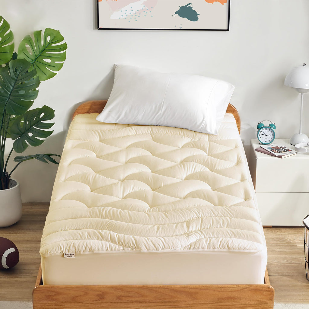 Sleep Zone Cooling Twin Mattress Topper For Single Bed, Premium Zoned Cool Mattress Pad Cover, Padded Mattress Protector Breathable Washable, Deep Pocket 8-21' (Beige, Twin)