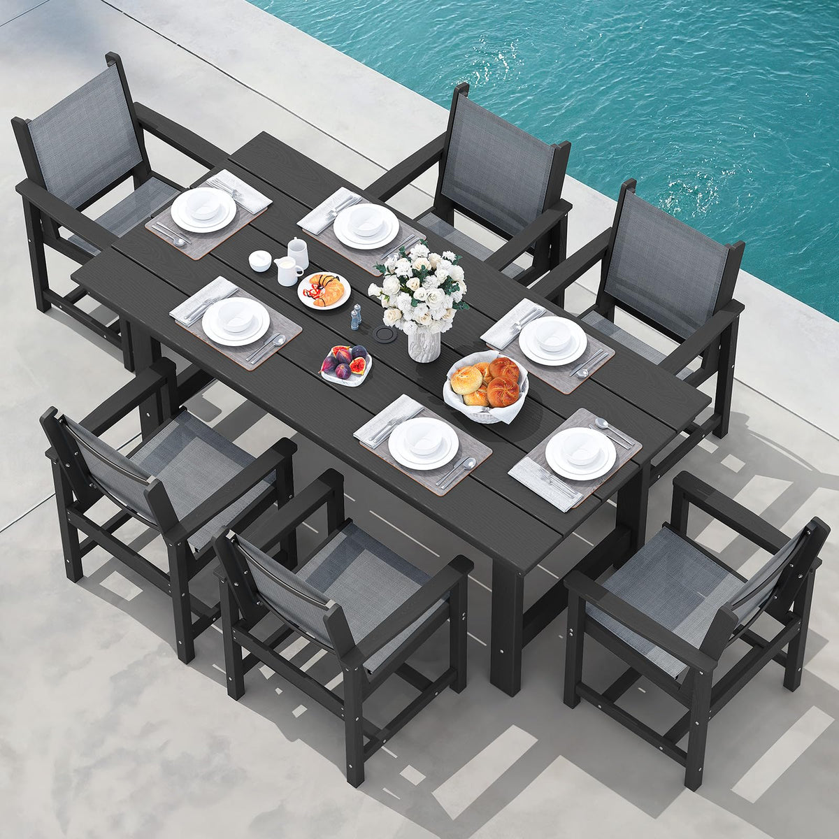 Serwall 7 Piece Outdoor Dining Table Sets For 6 With 1 Umbrella Hole Cut-Out Rectangular Table And 6 Textilene Chairs, Hdpe Dining Table Sets For Garden, Backyard, Poolside, Black