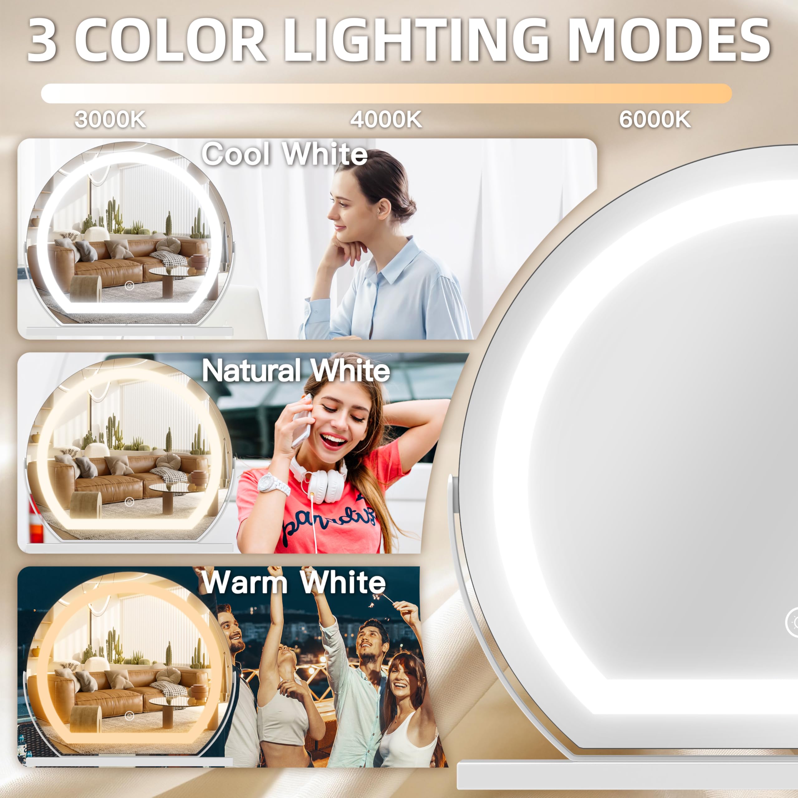 Fennio Vanity Mirror With Lights, 17'X15' Led Lighted Makeup Mirror, Large Makeup Mirror With Lights, Touch Sensor With 3-Colo