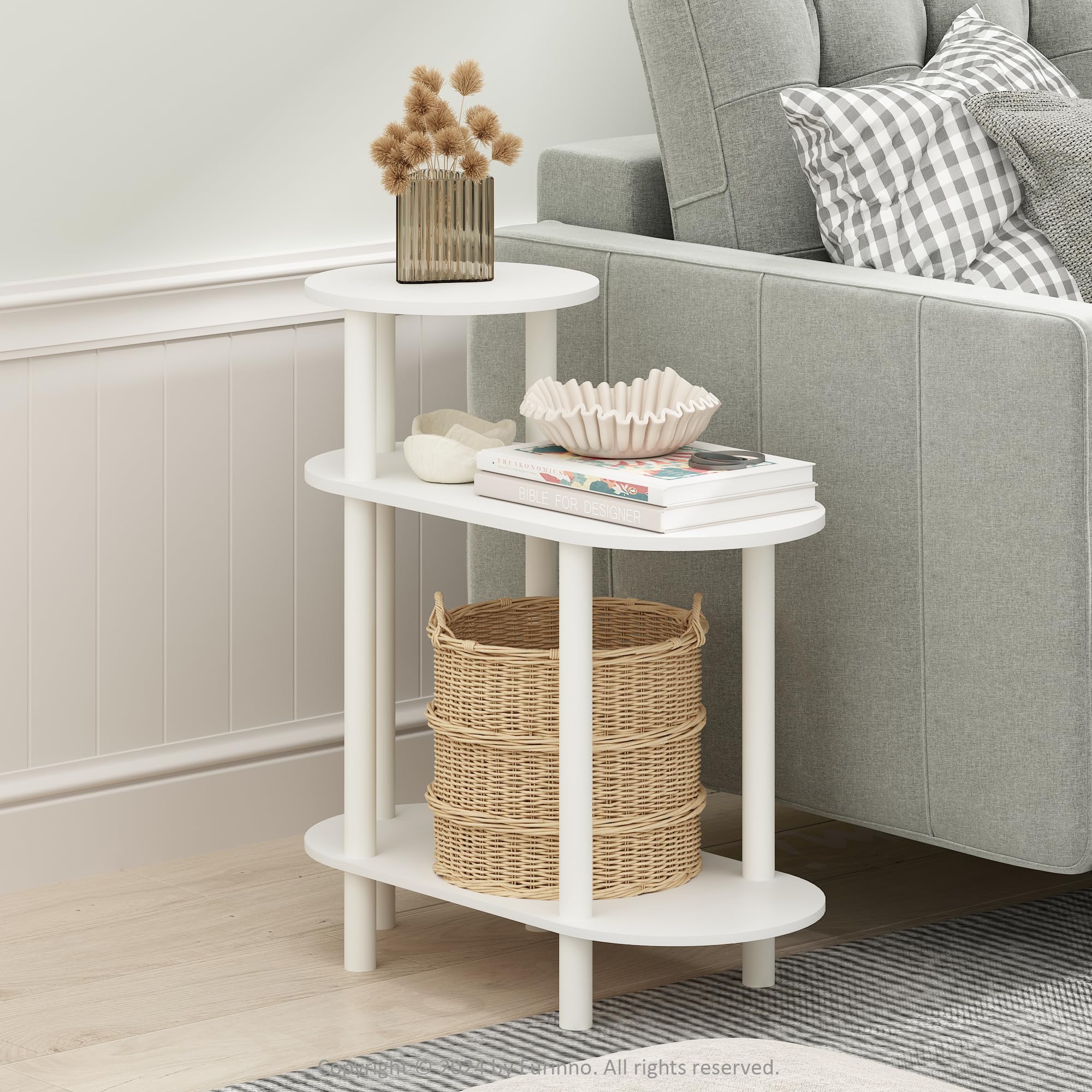 Furinno Turn-N-Tube 3-Tier Oval Sofa Side Table, End Table with Open Shelves, White/White