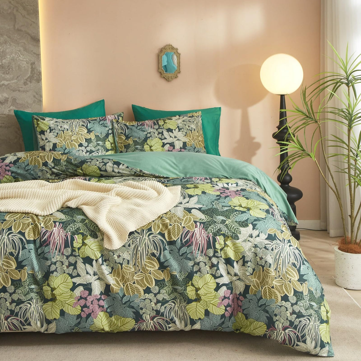 Garden Style Cotton Floral Duvet Cover Tropical Green Leaves Print Duvet Cover Twin Botanical Floral Comforter Cover Tree Plant
