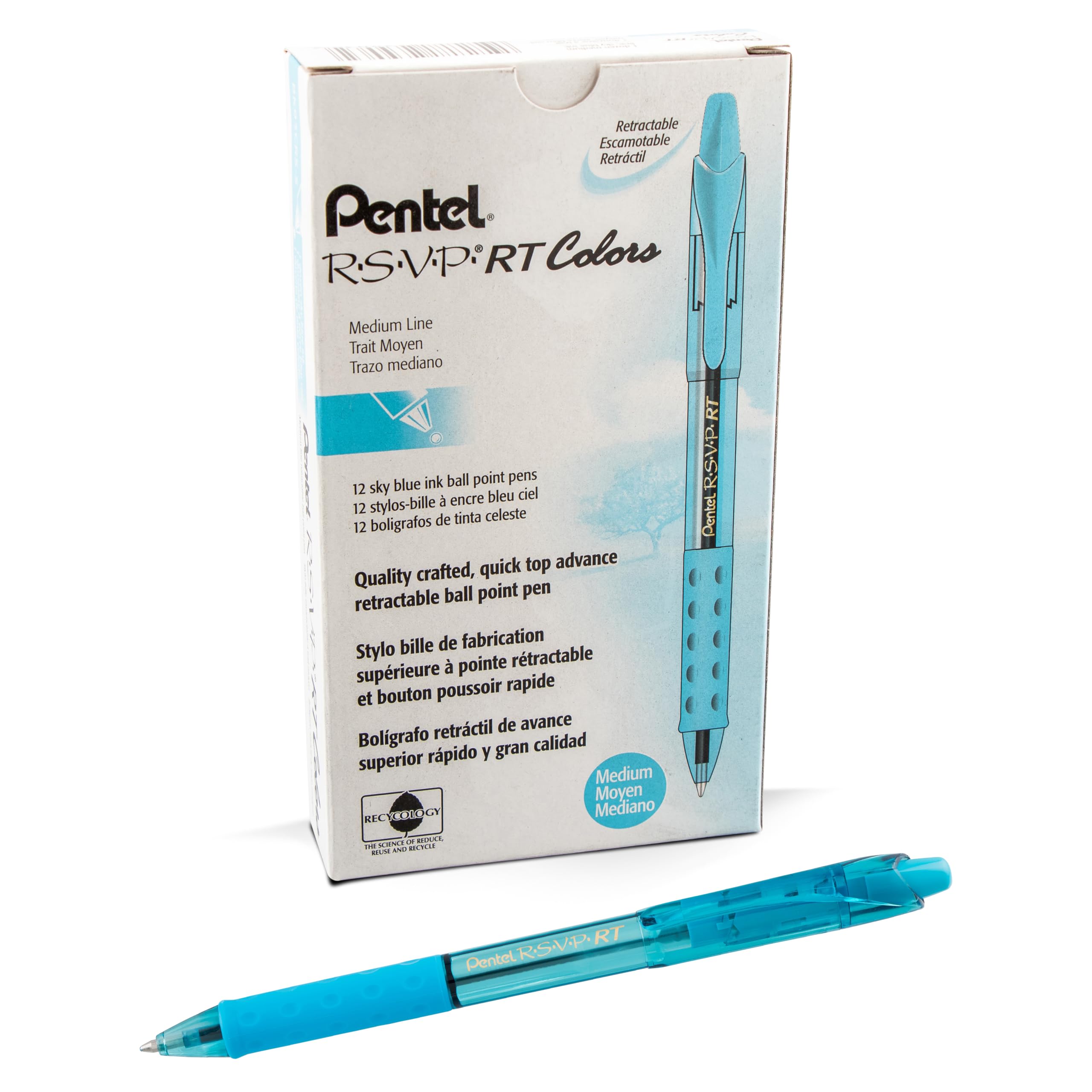 Pentel Rsvp Rt Colors Retractable Ballpoint Pen, (1.0Mm) Medium Line, Barrel, Sky Blue Ink, Box Of 12 (Bk93Crs-S)