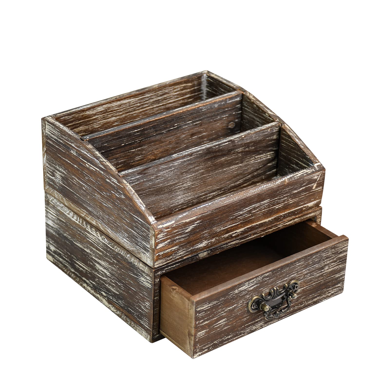 Office Desk Organizer With Drawers & Dark Brown Vintage Wood Desktop Storage Caddy 2Pcs/Set Workspace Supplies Farmhouse Mail Co