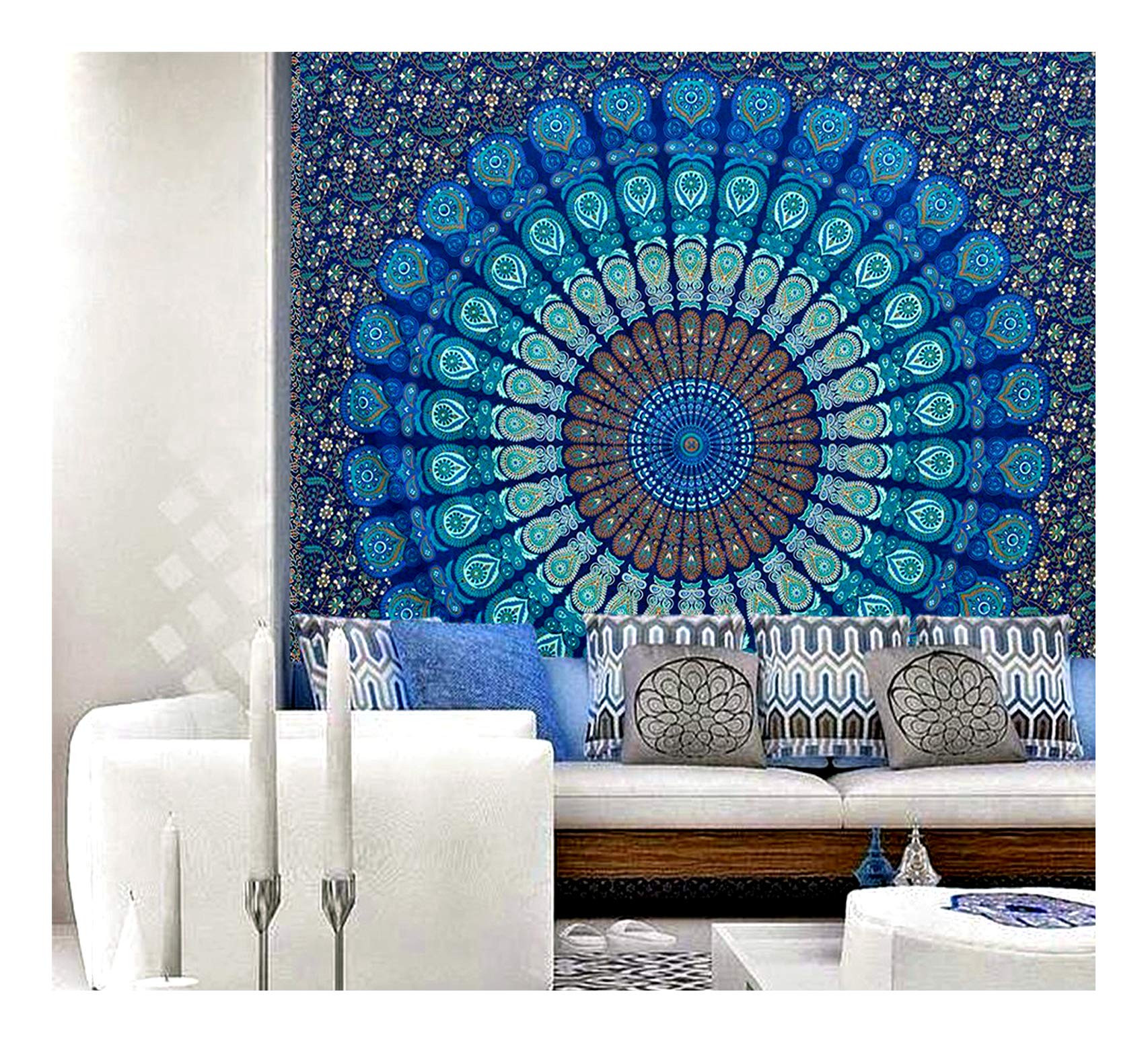 raajsee Turquoise Blue Tapestry- Best Mandala Wall Hanging- Bedding Tapestry for Bedroom Aesthetic-Size TWIN 140 X 210 CMS