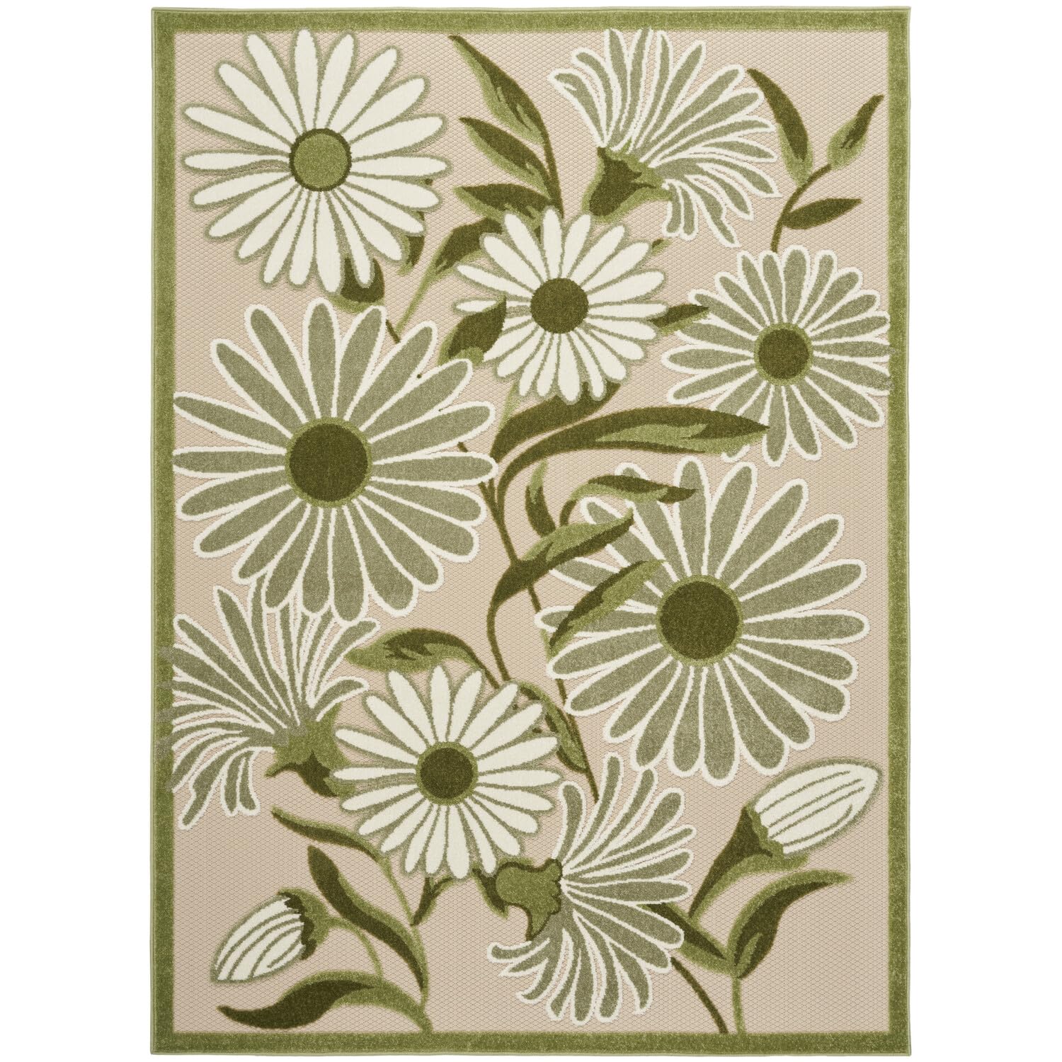 Nourison Aloha Nature Indoor-Outdoor Ivory Green 6' X 9' Area Rug, Easy Cleaning, Non Shedding, Bed Room, Living Room, Dining Ro