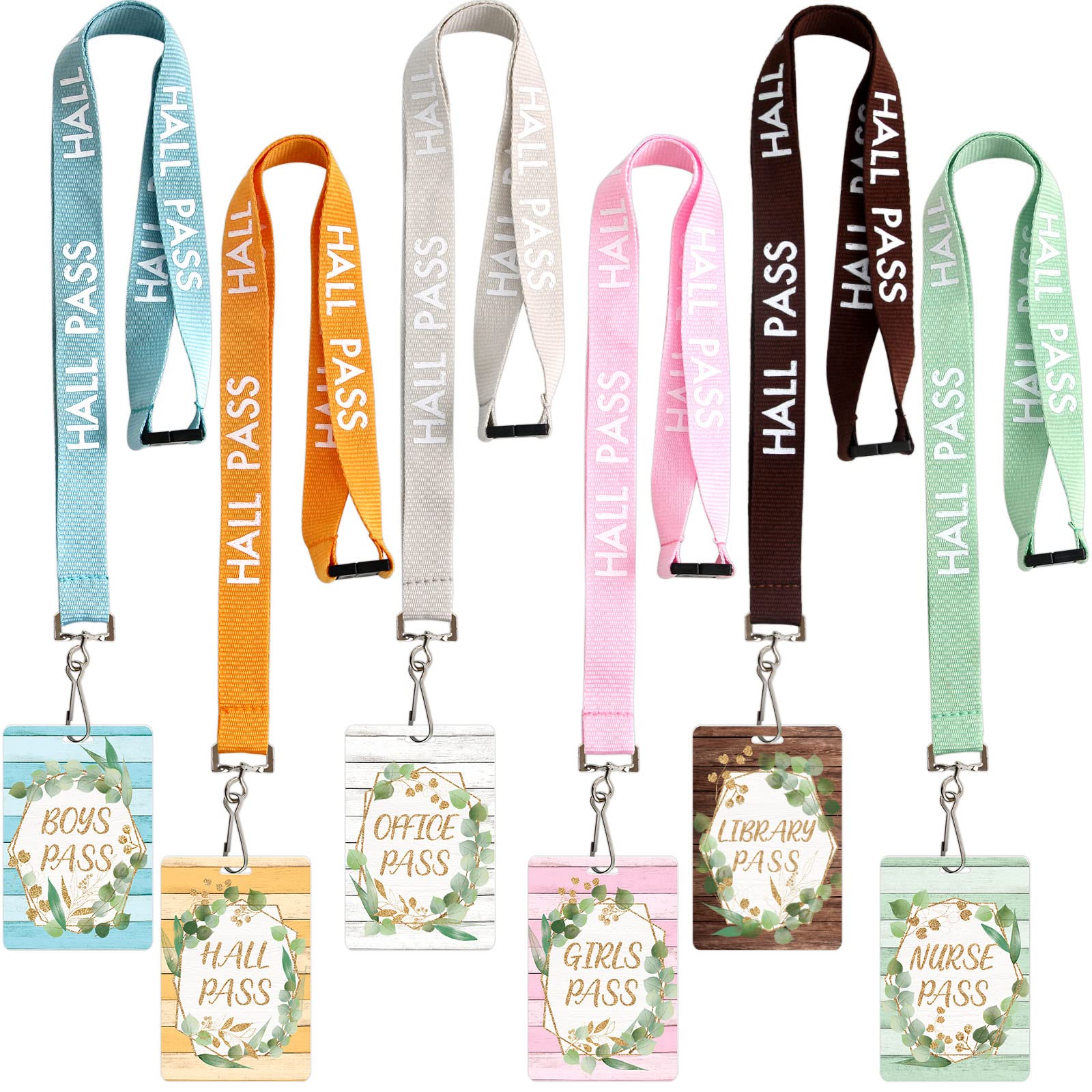 Eucalyptus Hall Pass Lanyards Classroom Passes Set Of 6 For School Library Office Nurse Boy Girl Teacher Gifts