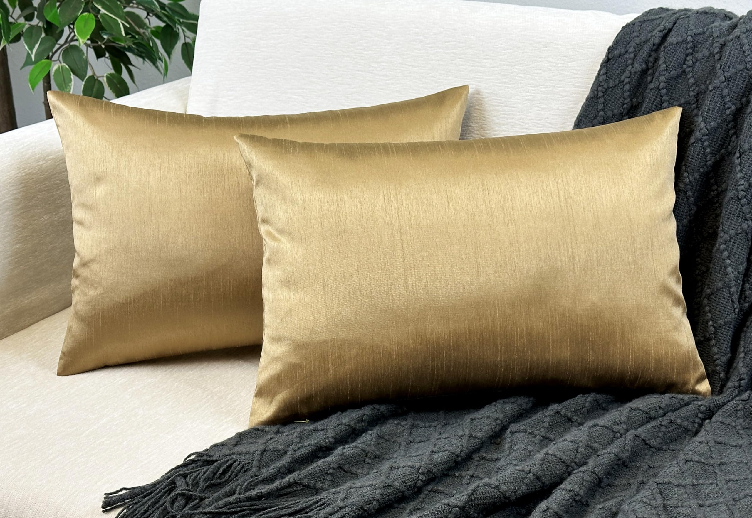 Aiking Home 12X18 Inches Faux Silk Rectangular Throw Pillow Cover, Zipper Closure, Brass (Set Of 2)