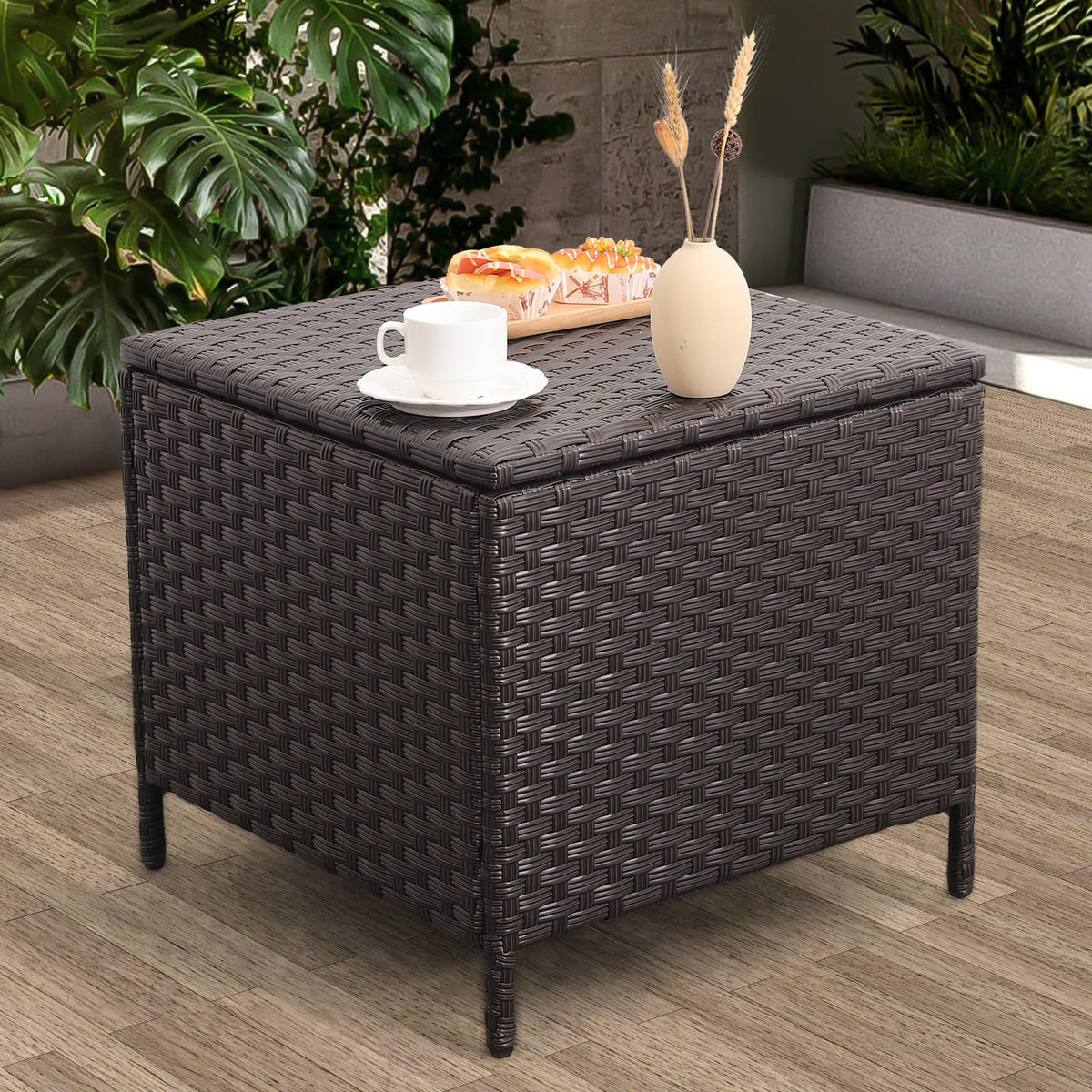 Lviden Outdoor Wicker Storage Side Table, Patio Brown Pe Rattan End Table With Storage, Square Container For Furniture Covers, T