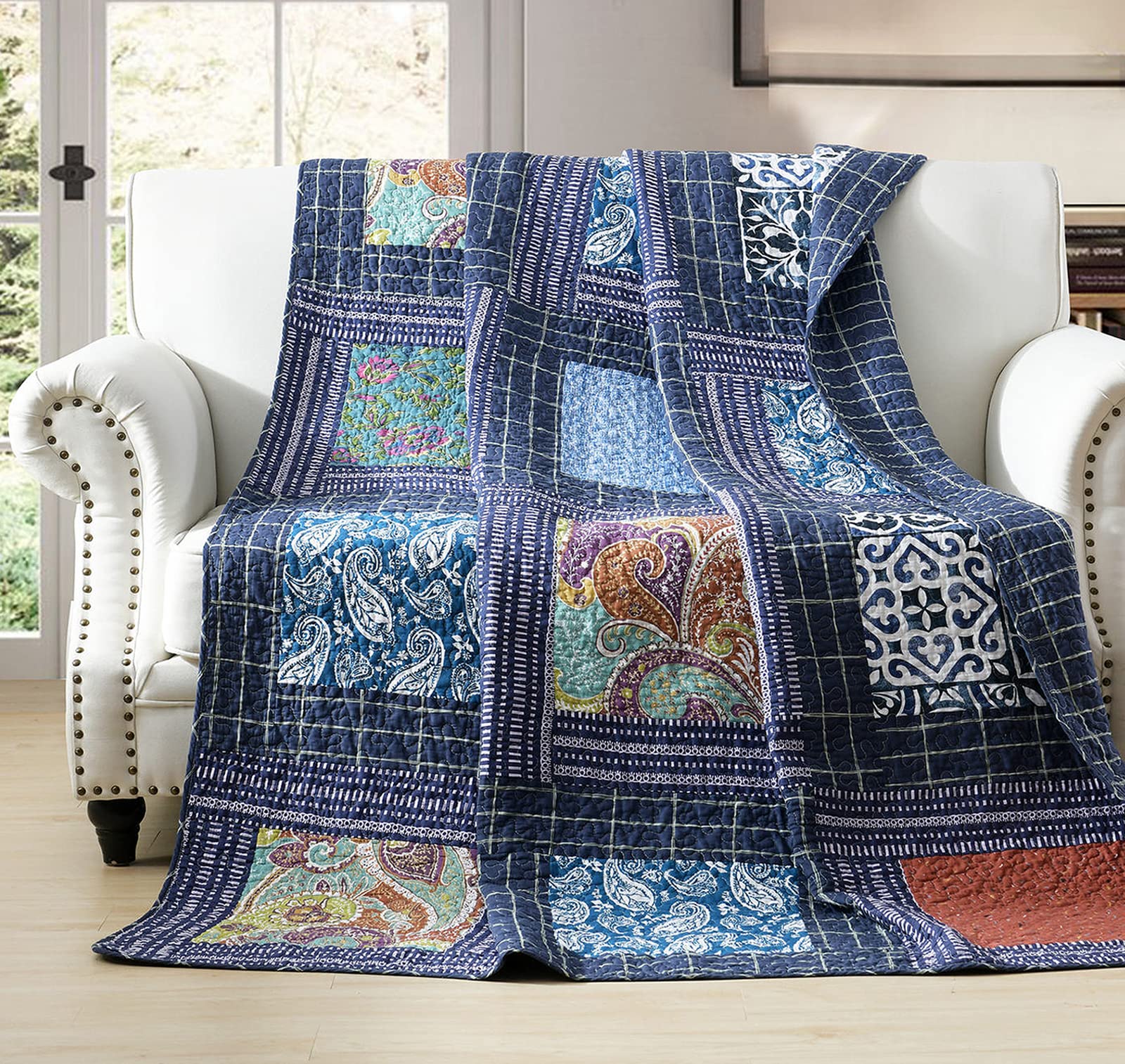 Vivilinen Twin Size Patchwork Quilt Original Cotton Quilted Throw Blankets For Couch Sofa Reversible Vintage Floral Paisley Navy