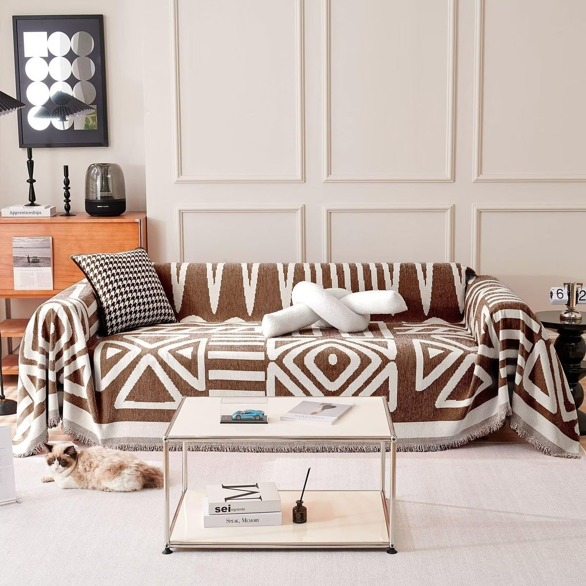 Vclife Boho Sofa Cover Chocolate White Geometry Couch Cover For 2 Cushion Couch Sofa Anti-Slip Wear Resistant Chenille Sofa Cove