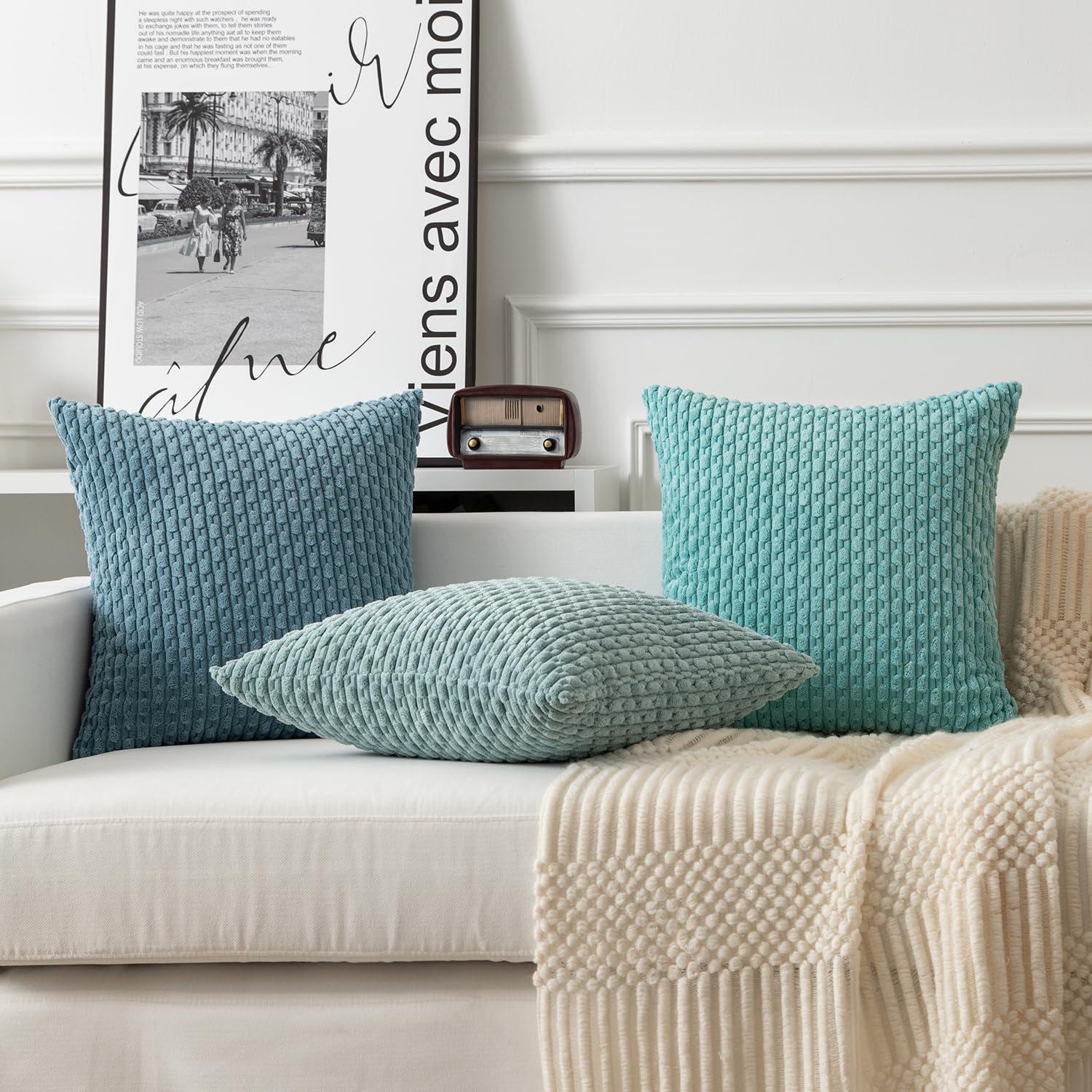Kevin Textile Throw Pillow Covers Soft Corduroy Decorative Set Of 2 Boho Striped Pillow Covers Pillowcases Farmhouse Home Decor For Couch Bed Sofa Living Room 18X18 Inch Blue Grey