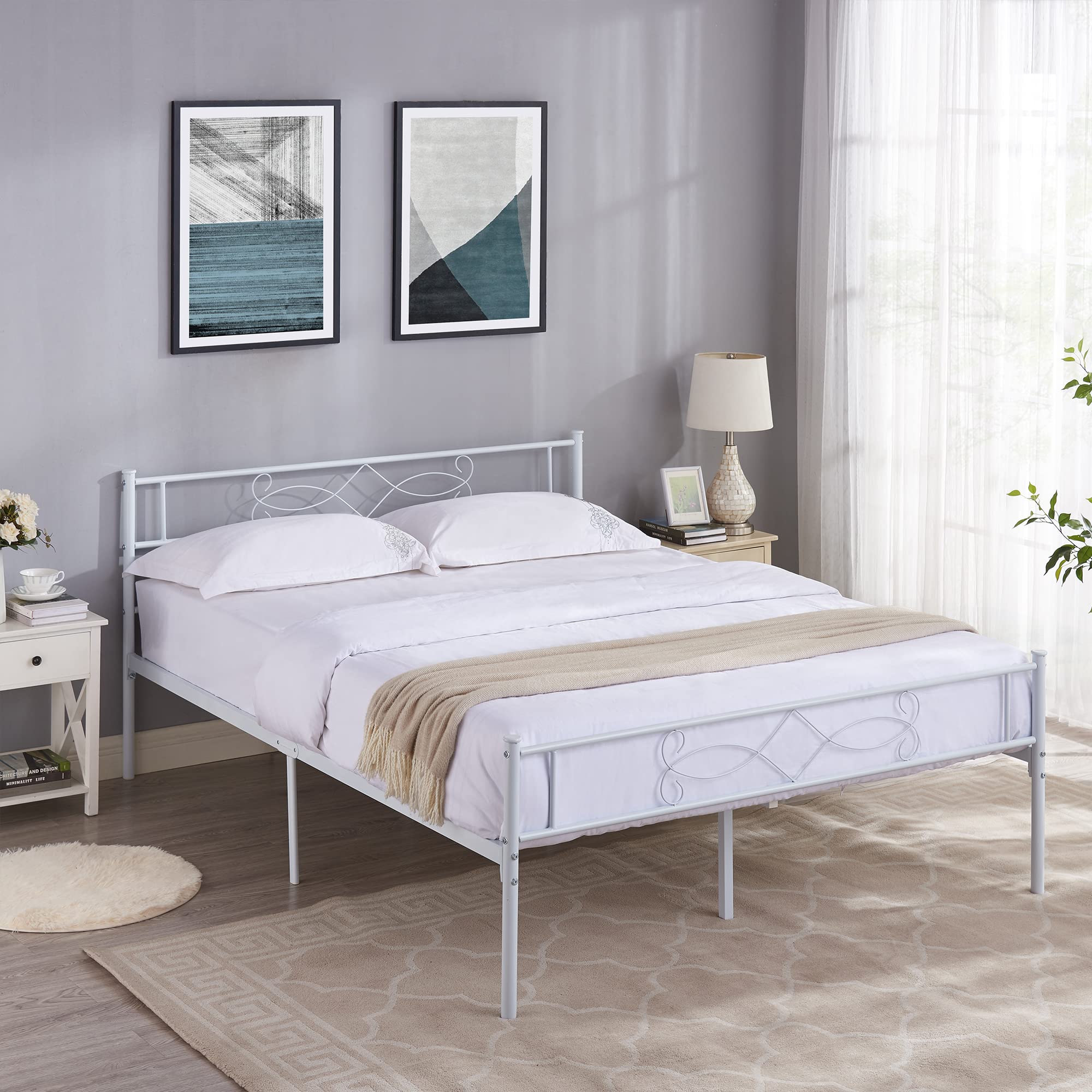 Vecelo 14' Queen Size White Metal Platform Bed Frame With Headboard,Premium Steel Slat Support/No Box Spring Needed/Noise-Free/Easy Assembly