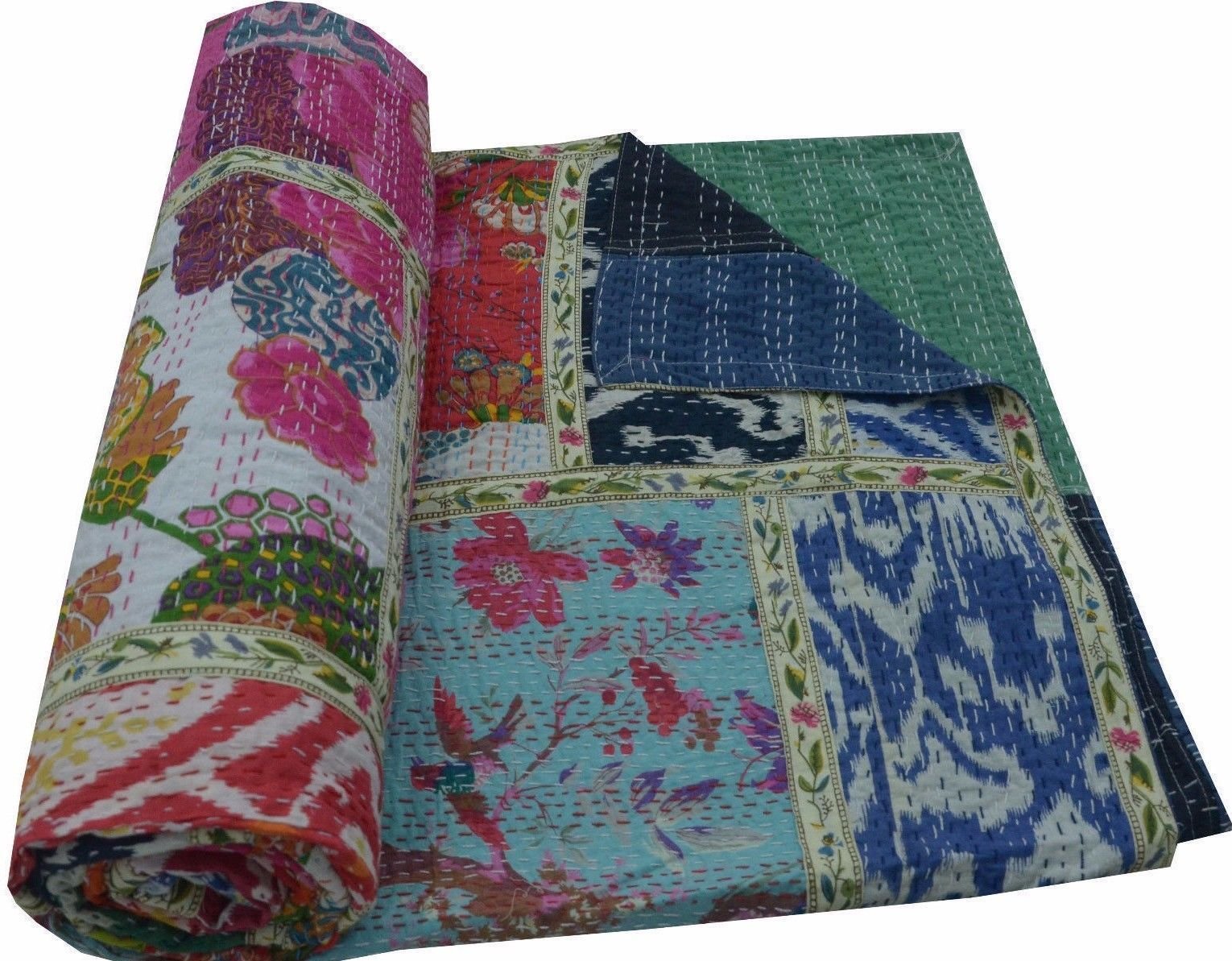 V Vedant Designs Indian Cotton Kantha Quilt Throw Blanket Bedspread Vintage Throw Gudari Cotton Handmade Kantha Quilt (Mix Patch