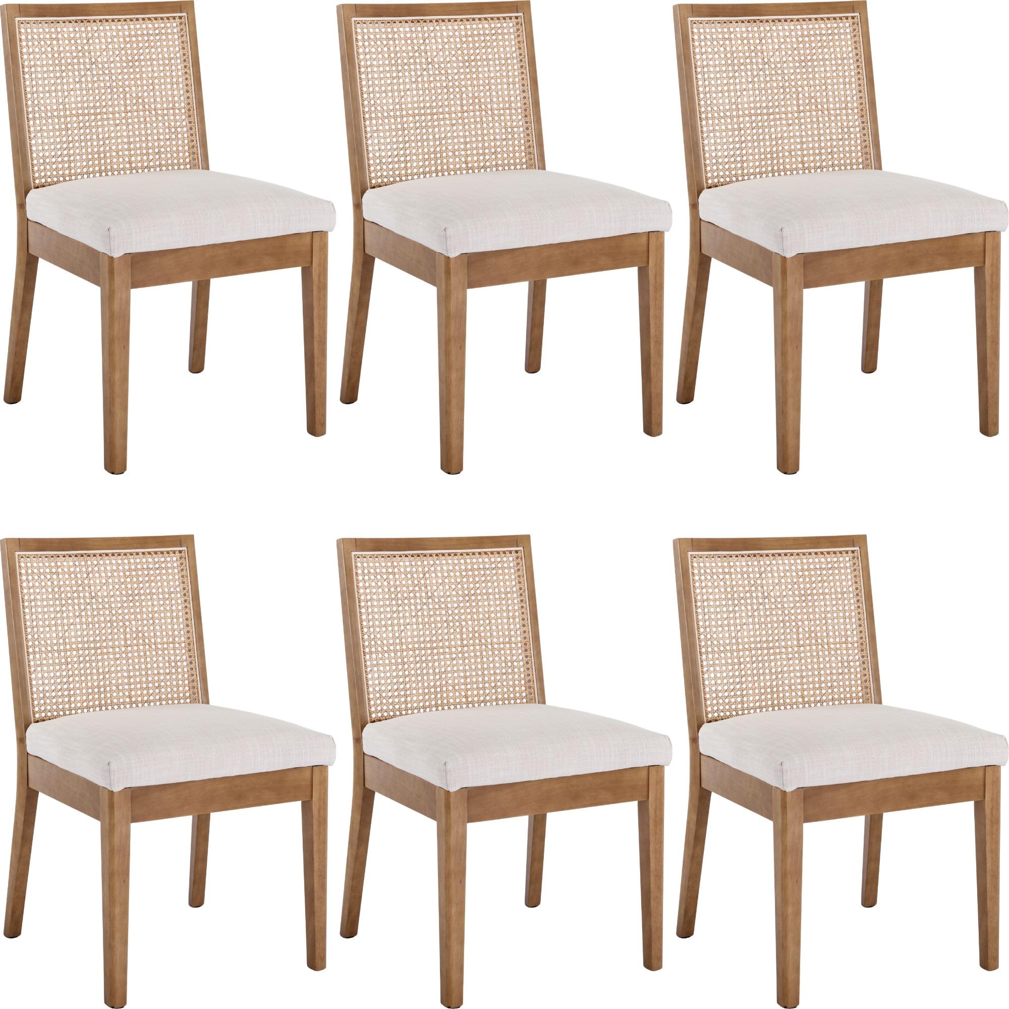 Bestano Farmhouse Rattan Dining Chairs Set Of 6 Natural Wood Dining Room Chairs Rectangle Cane Country Kitchen Chairs Upholstere