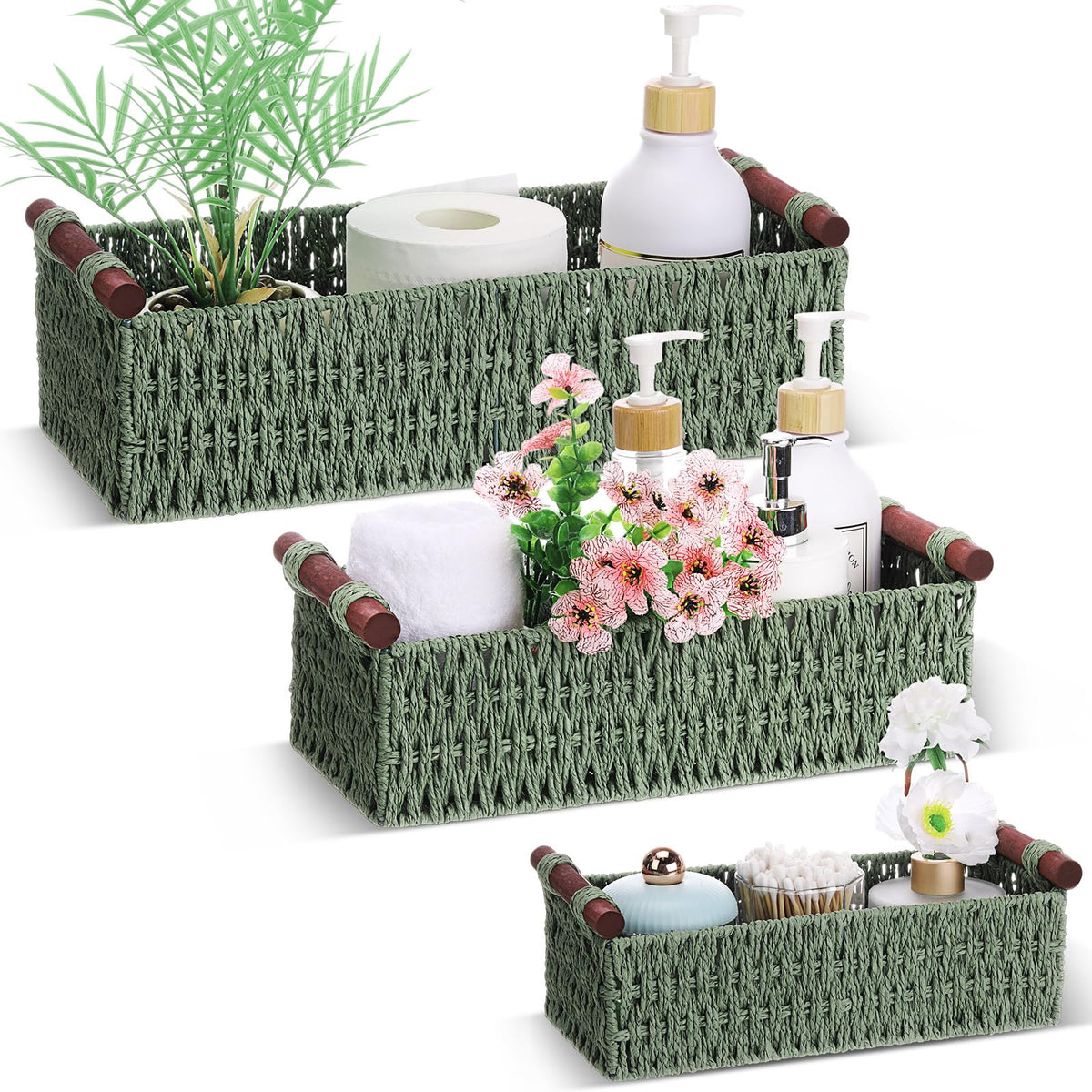 Boao 3 Pcs Boho Storage Wicker Baskets Handmade Woven Decorative Paper Rope Baskets for Organizing with Handle Countertop Toilet