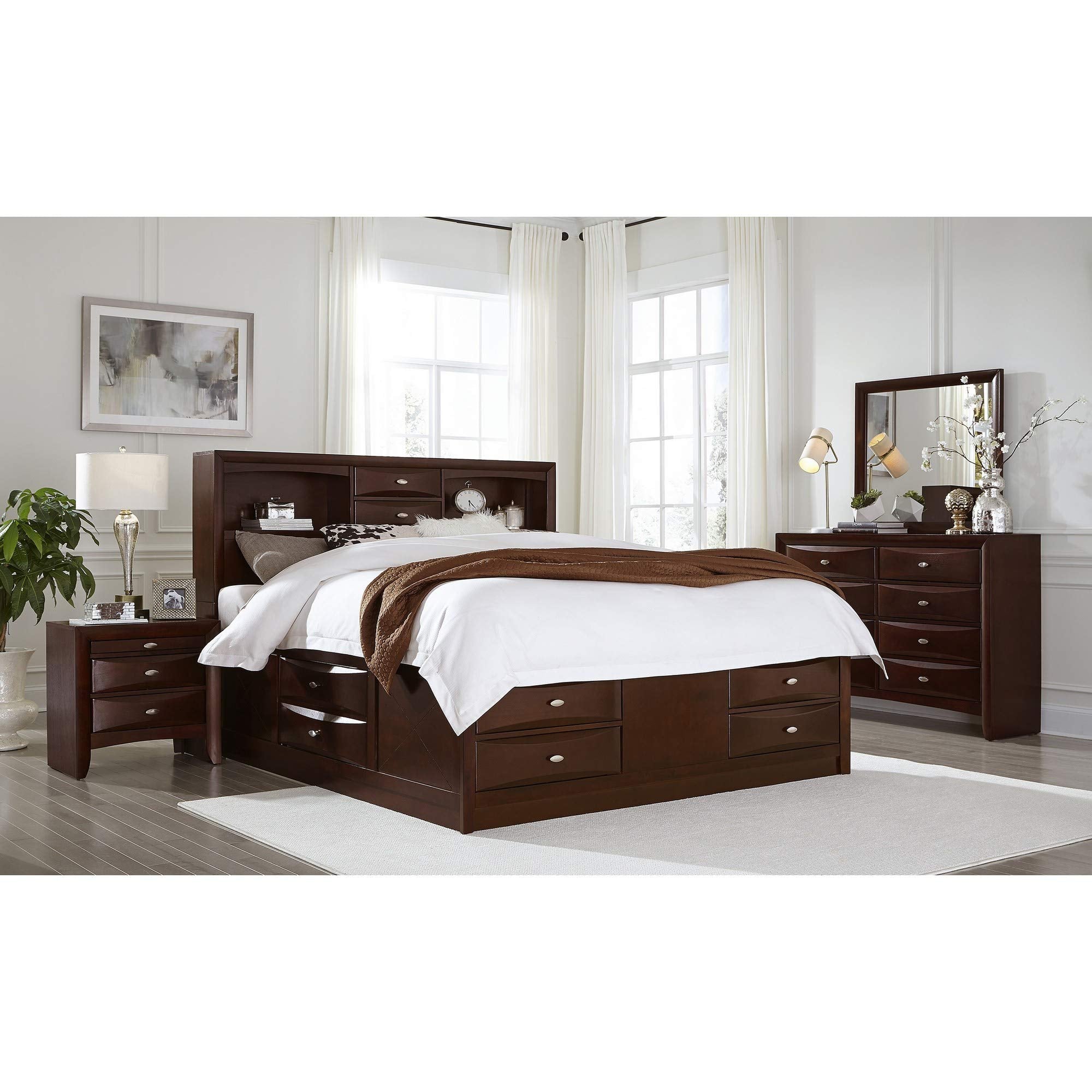 HomeRoots Solid Wood Queen Merlot Eight Drawers Bed