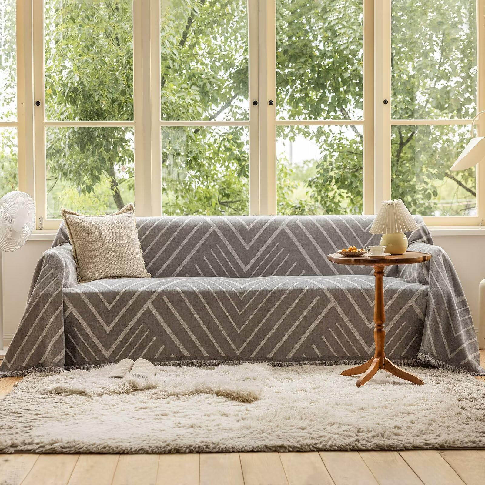 Vclife Cream White Gray Herringbone Couch Cover Thick Chenille Sofa Slipcover L Shape Sofa Cover Furniture Protector, Reversible