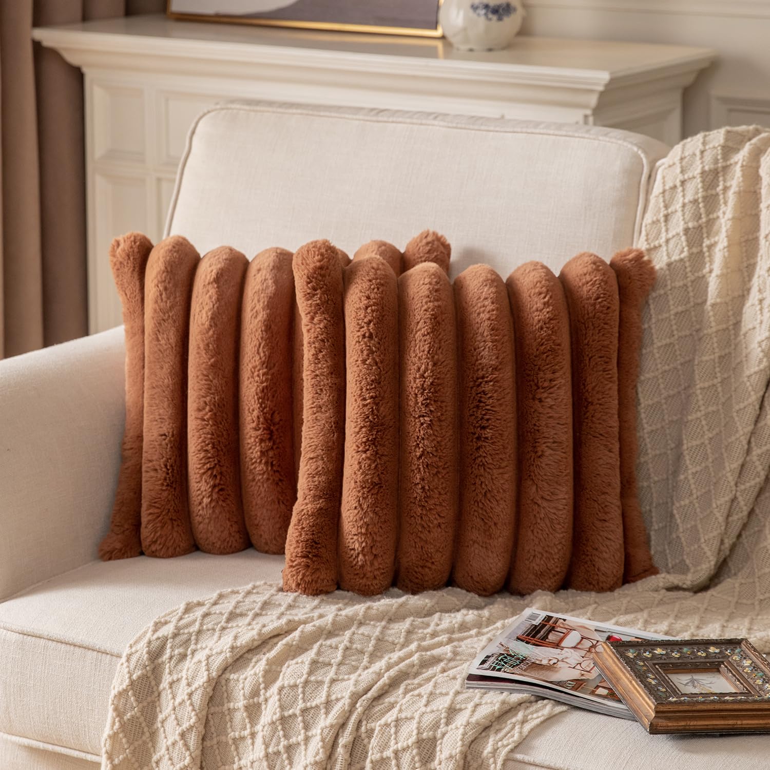 Yaertun Brown Striped Decorative Throw Pillow Covers 18X18 Inch Set Of 2 Plush Soft Pillowcase With Velvet Back Faux Rabbit Fur