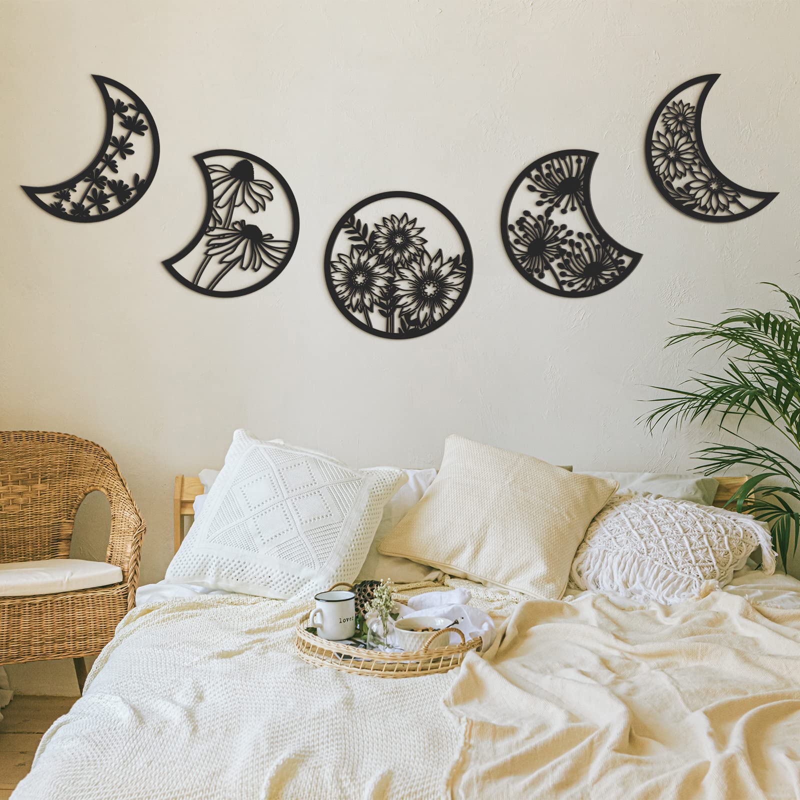 5 Pieces Moon Phase Wall Decor Boho Hanging Moon Phase Nordic Wood Wall Art For Living Room Bedroom Home Wall Decoration Room Ap