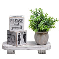 Farmhouse Funny Bathroom Decor Signs, Block Signs Rustic Decoration, Wooden Home Restroom Sign (Bathroom Block + Plant + Tray)