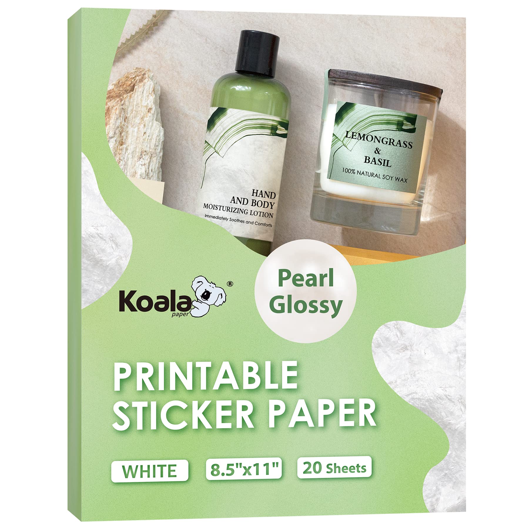 Koala Pearl Glossy Sticker Paper For Inkjet And Laser Printer, 20 Sheets 8.5X11 Inch Printable Pearly Gloss Photo Sticker Paper
