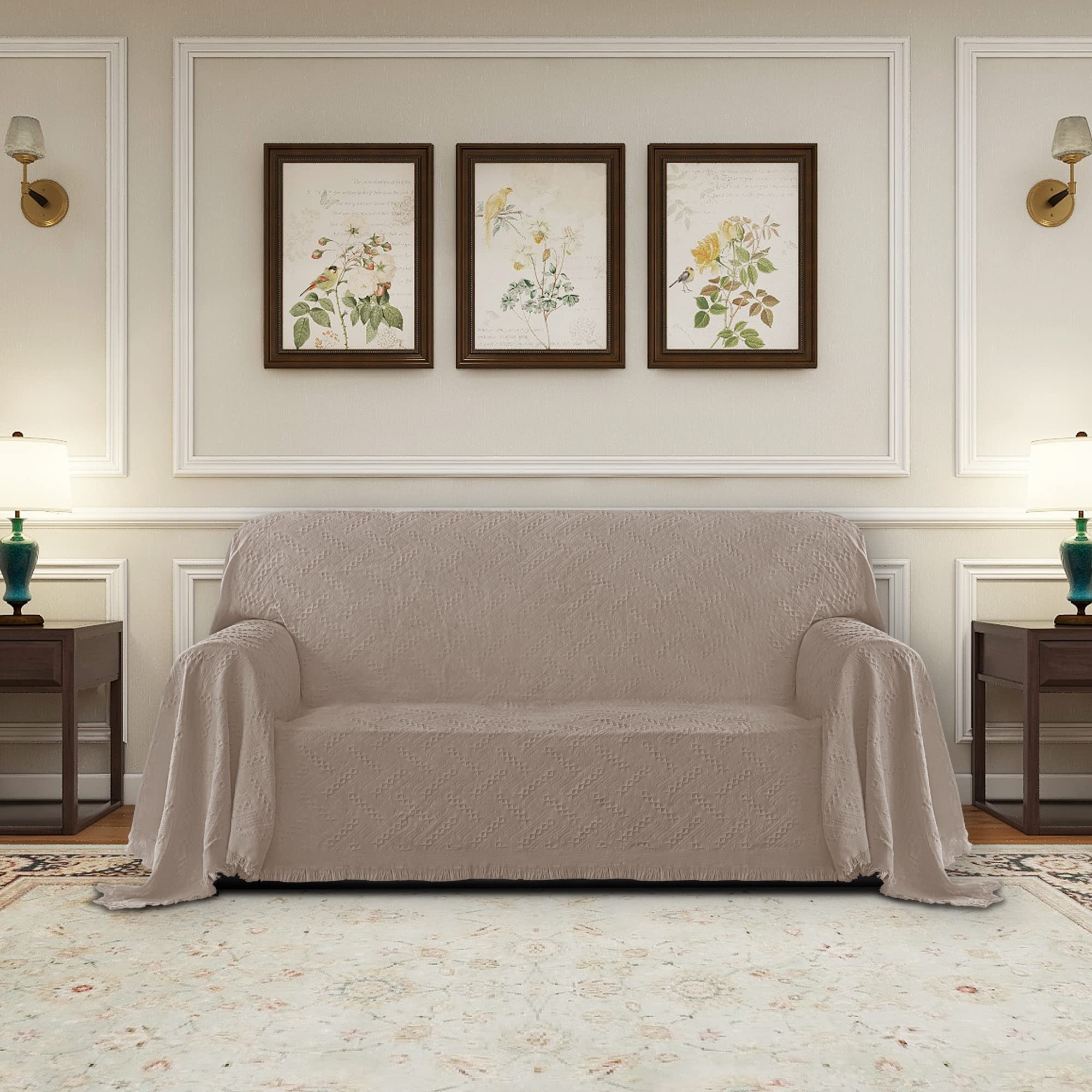 Purefit Geometric Jacquard Throw Sofa Cover - Textured Soft Washable Decorative Couch Covers For 3 Cushion Couch, Throw Cover With Tassels Furniture Protector For Pets, Kids (Medium, Camel)