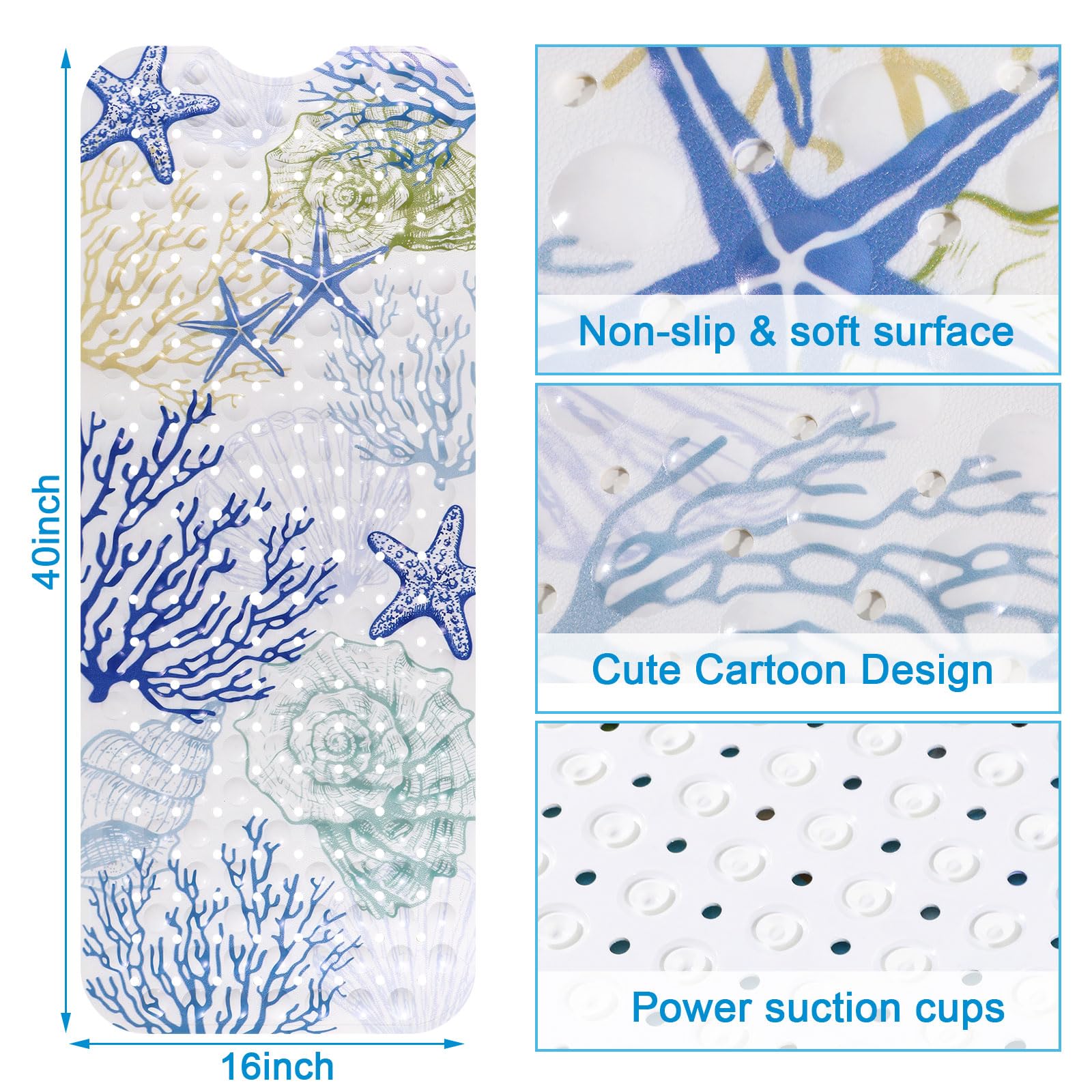 Topotdor Nautical Coastal Bathtub Mat Non Slip For Shower Tub, 40 X 16 Inch Extra Long Bath Mat For Elderly & Kids, Machine Wash