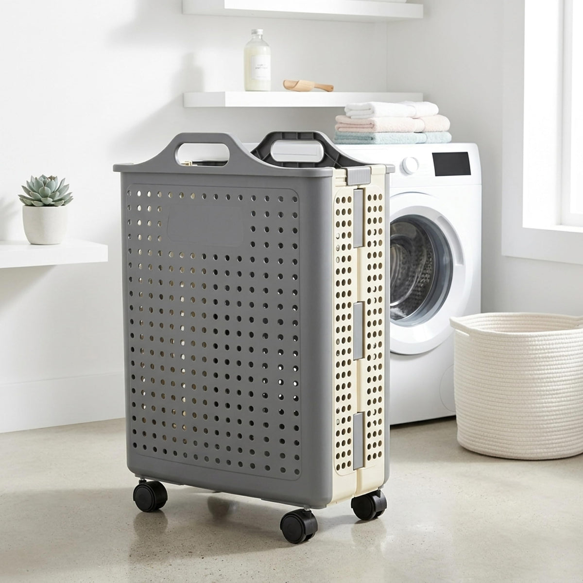 Homzify Foldable Laundry Basket with Wheels, Kids Storage Organizer (1, Grey)