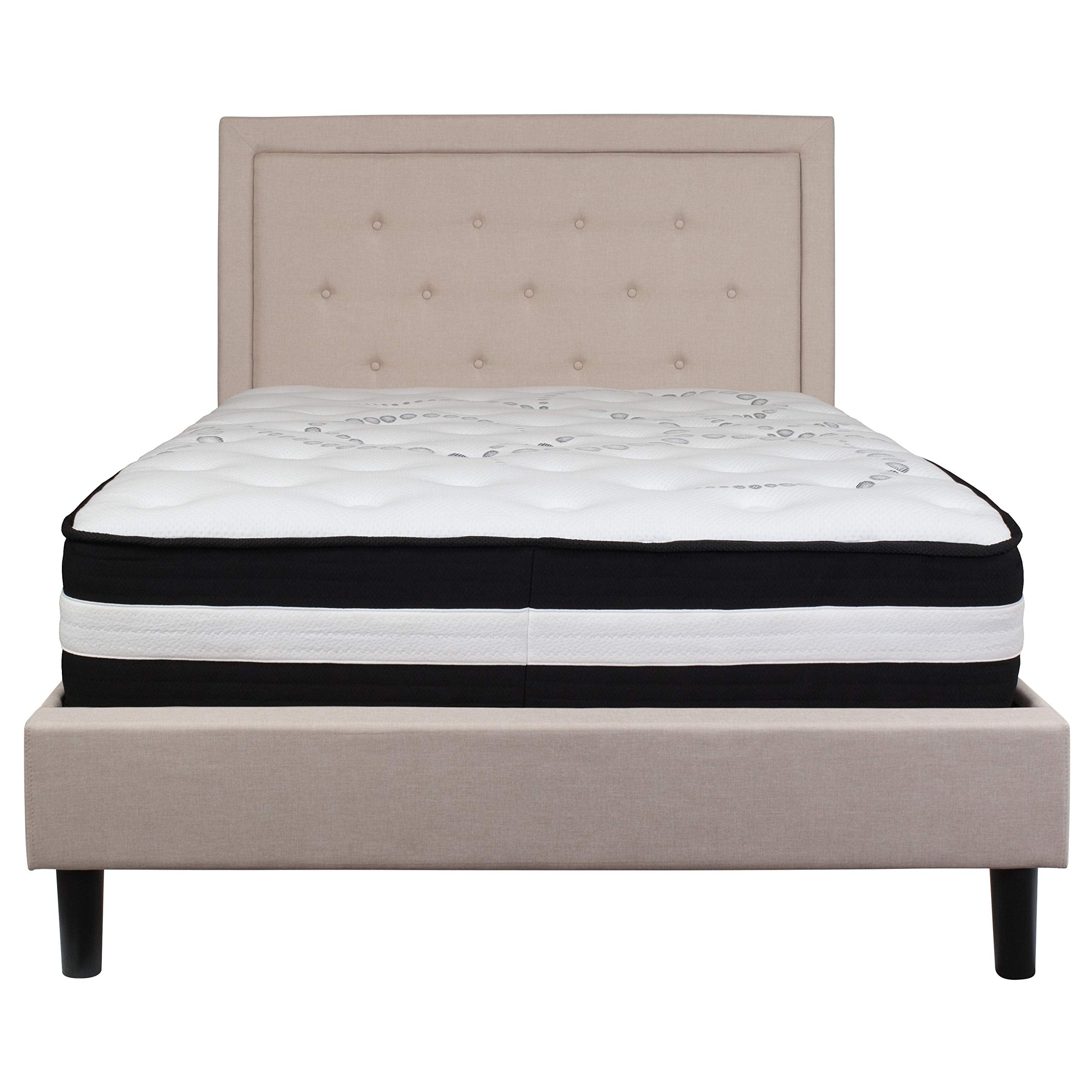 Flash Furniture Roxbury Full Size Tufted Upholstered Platform Bed In Beige Fabric With Pocket Spring Mattress