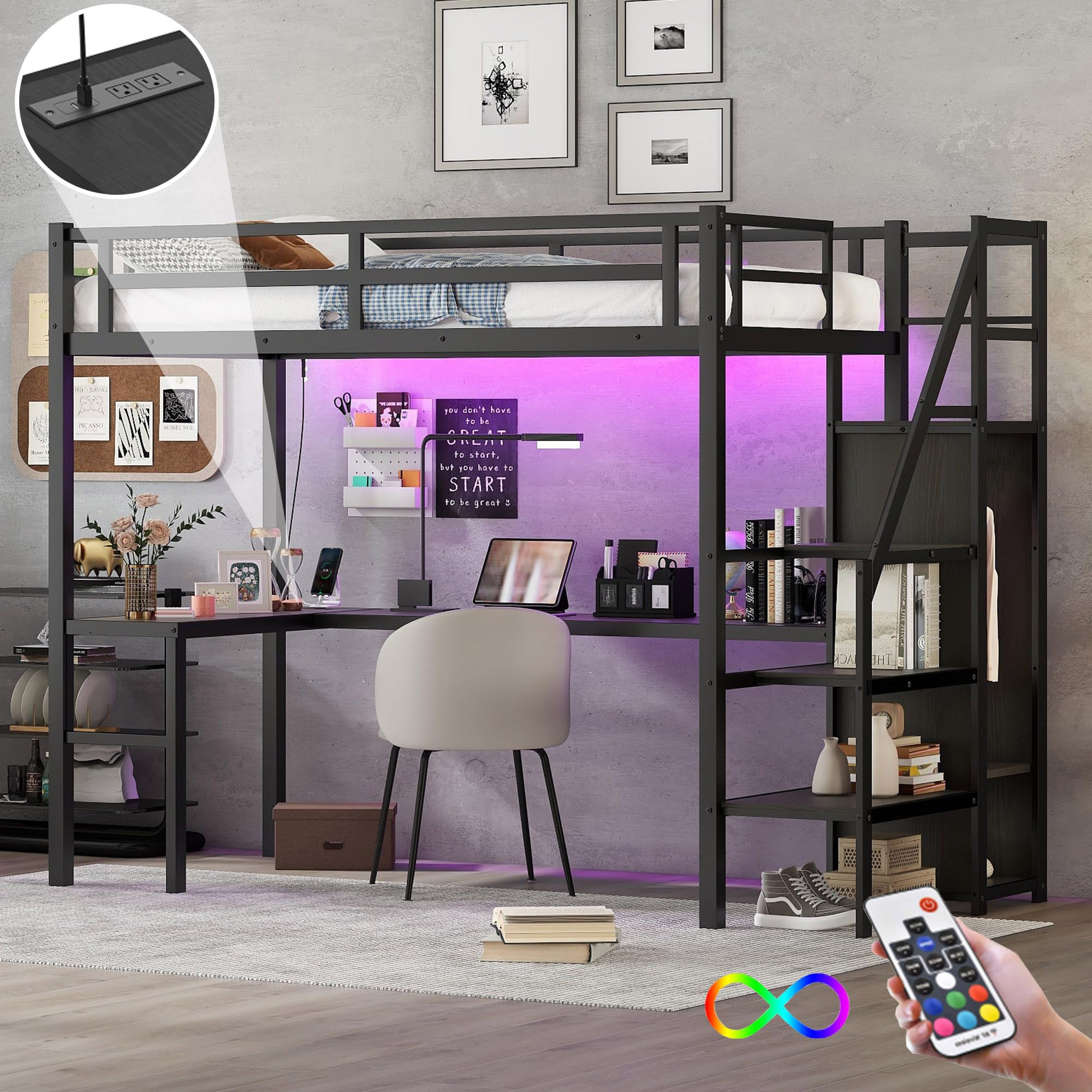 Twin XL Size Metal Loft Bed with Desk and Wardrobe,Heavy Duty Loft Bed Frame with Storage Stairs,LED Loft Bed Twin XL with Charg