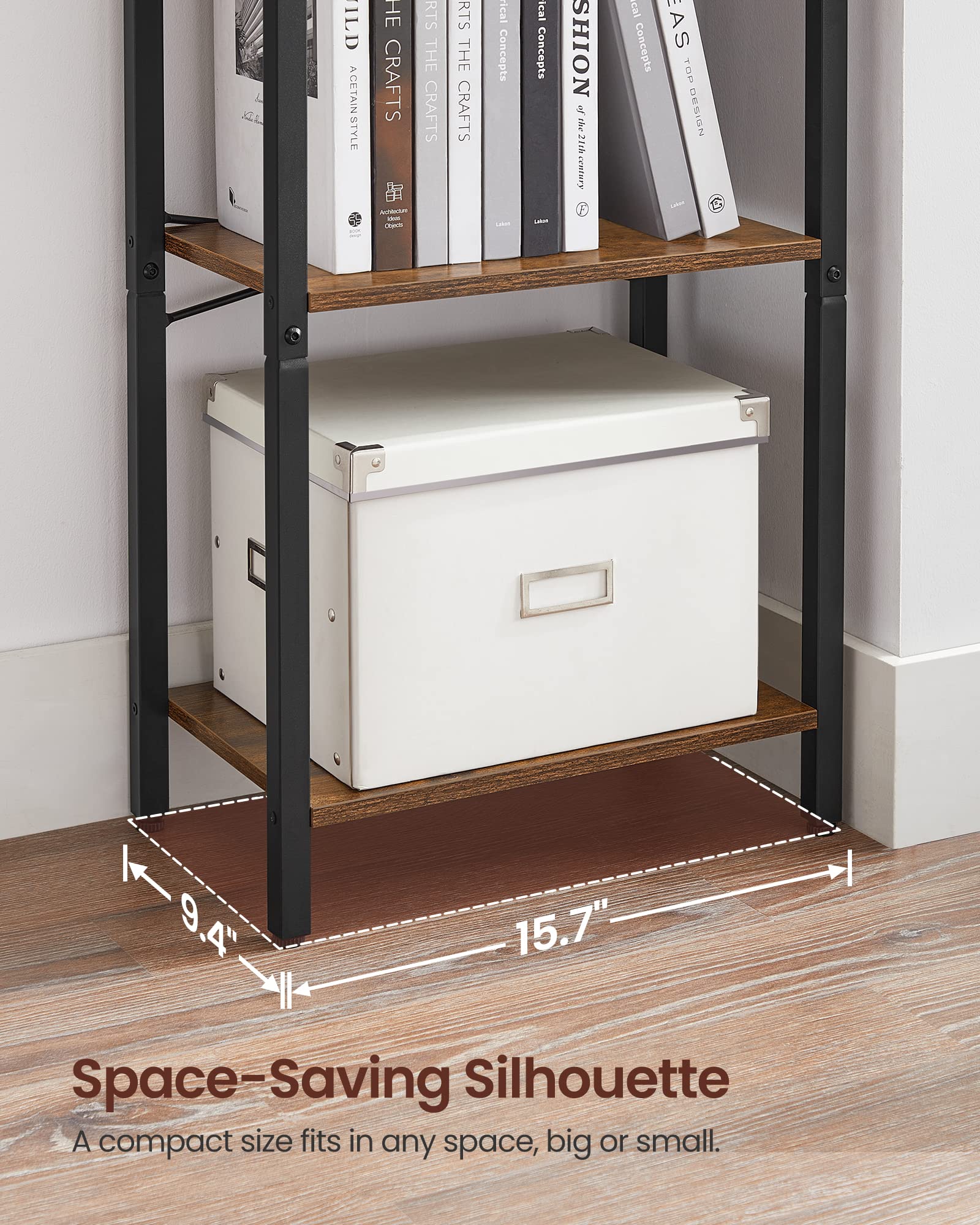 Vasagle 4-Tier Tall Bookshelf, Bookcase With Steel Frame, Book Shelf For Living Room, Home Office, Study, 9.4 X 15.7 X 42.1 Inches, Industrial Style, Rustic Brown And Black Ulls099B01