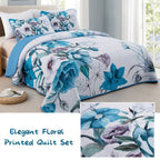 Drucon Floral Quilt Set King 3 Pieces Boho Blue Floral Quilt Coverlet Set Soft Microfiber Lightweight Blue Quilted Bedspread For