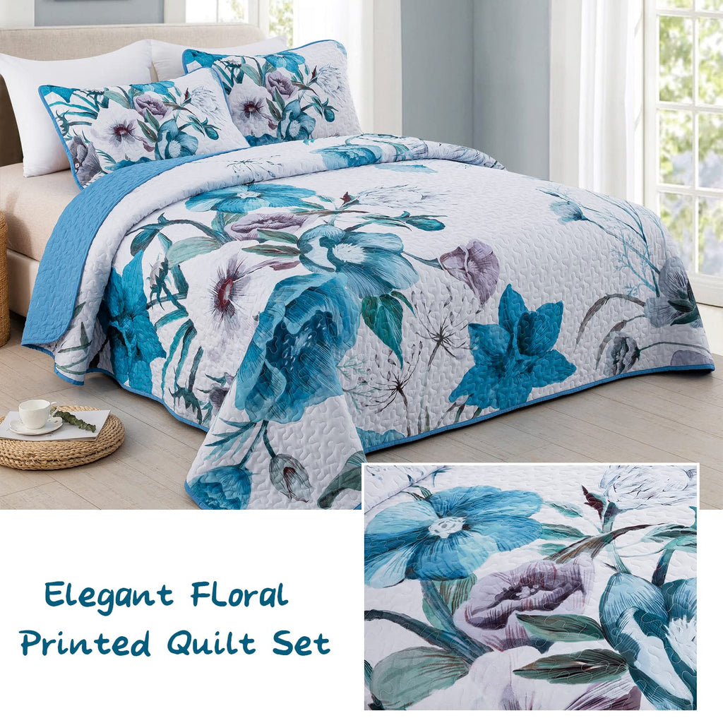 Drucon Floral Quilt Set Queen 3 Pieces Boho Blue Floral Quilt Coverlet Set Soft Microfiber Lightweight Blue Quilted Bedspread Fo