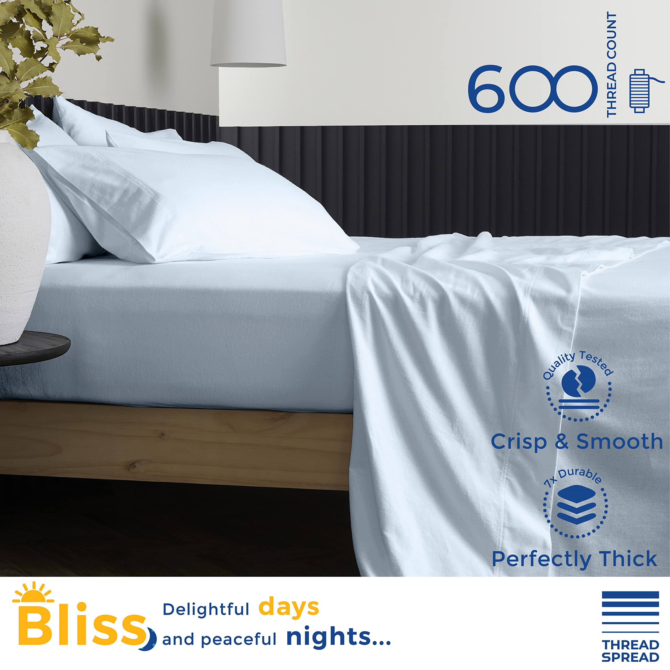 Thread Spread Luxury Sheets 600 Thread Count - Egyptian Cotton Quality Twin Size Sheet Set - Deep Pocket Fitted Bedding Sheets & Pillowcases - 3 Pc Breathable - Light Blue Sheets For Boys & Girls