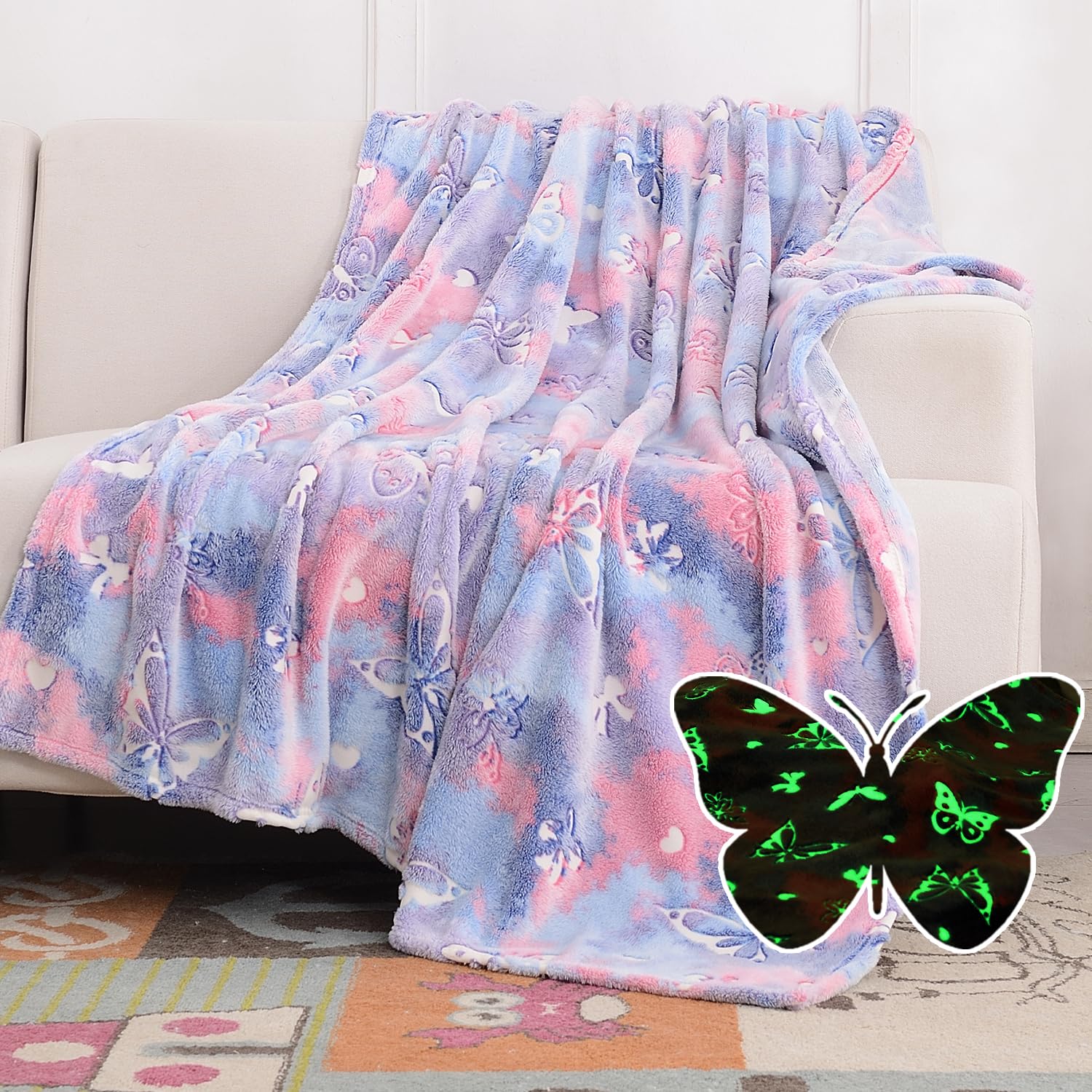 SOCHOW Butterfly Glow in The Dark Blanket for Daughters, Toys for 3-10 Year Old Birthday Presents, Soft Cozy Flannel Throw Blank