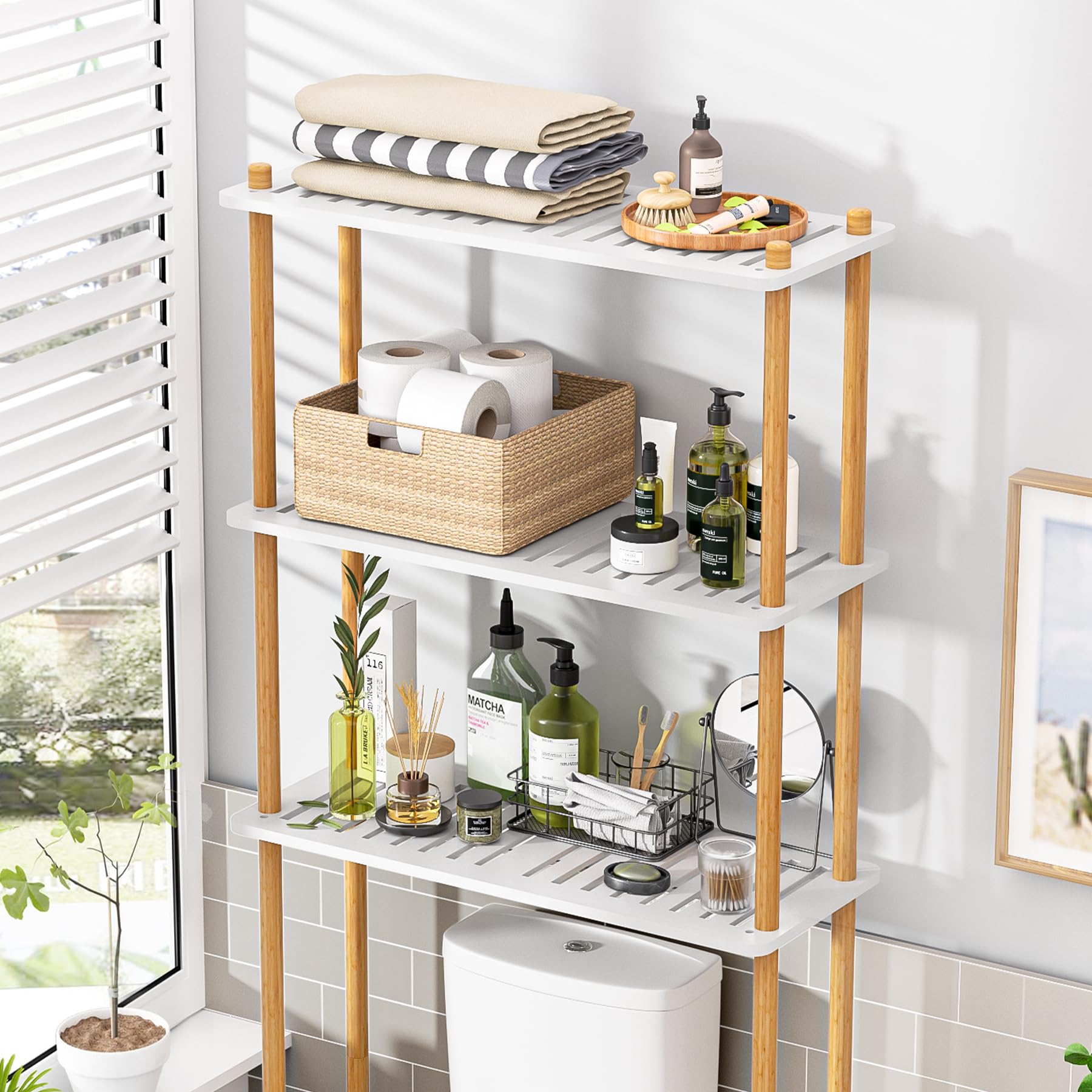 Amazerbath Bamboo Over The Toilet Storage Shelf, Bathroom Storage Organizer Rack, 3-Tier Bathroom Shelves Space Saver, White And Natural Color