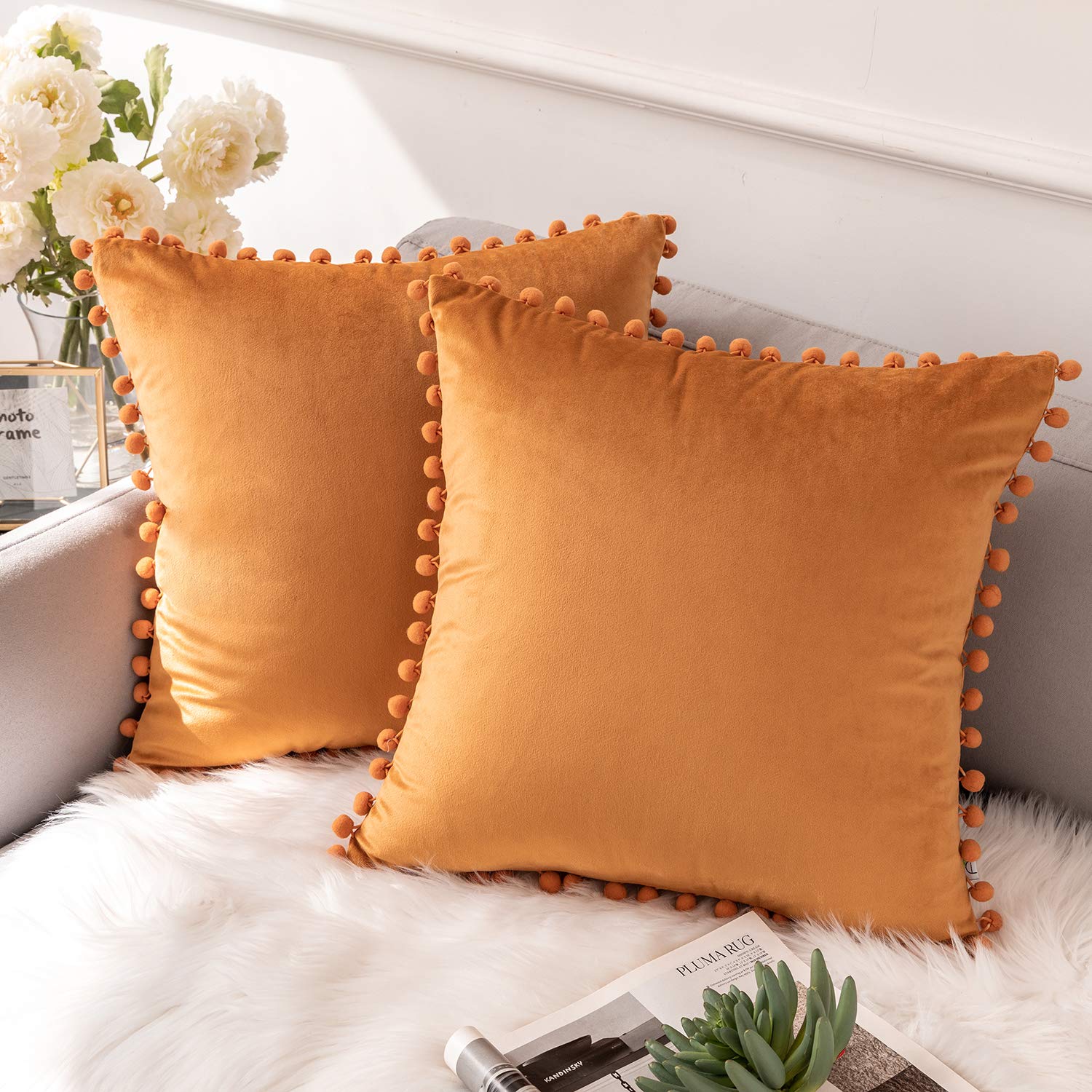 Ashler Throw Pillow Cases With Soft Pom Poms Velvet Plush Vibrant Elegant Cushion Covers, Pack Of 2, Orange 26 X 26 Inches 66 X